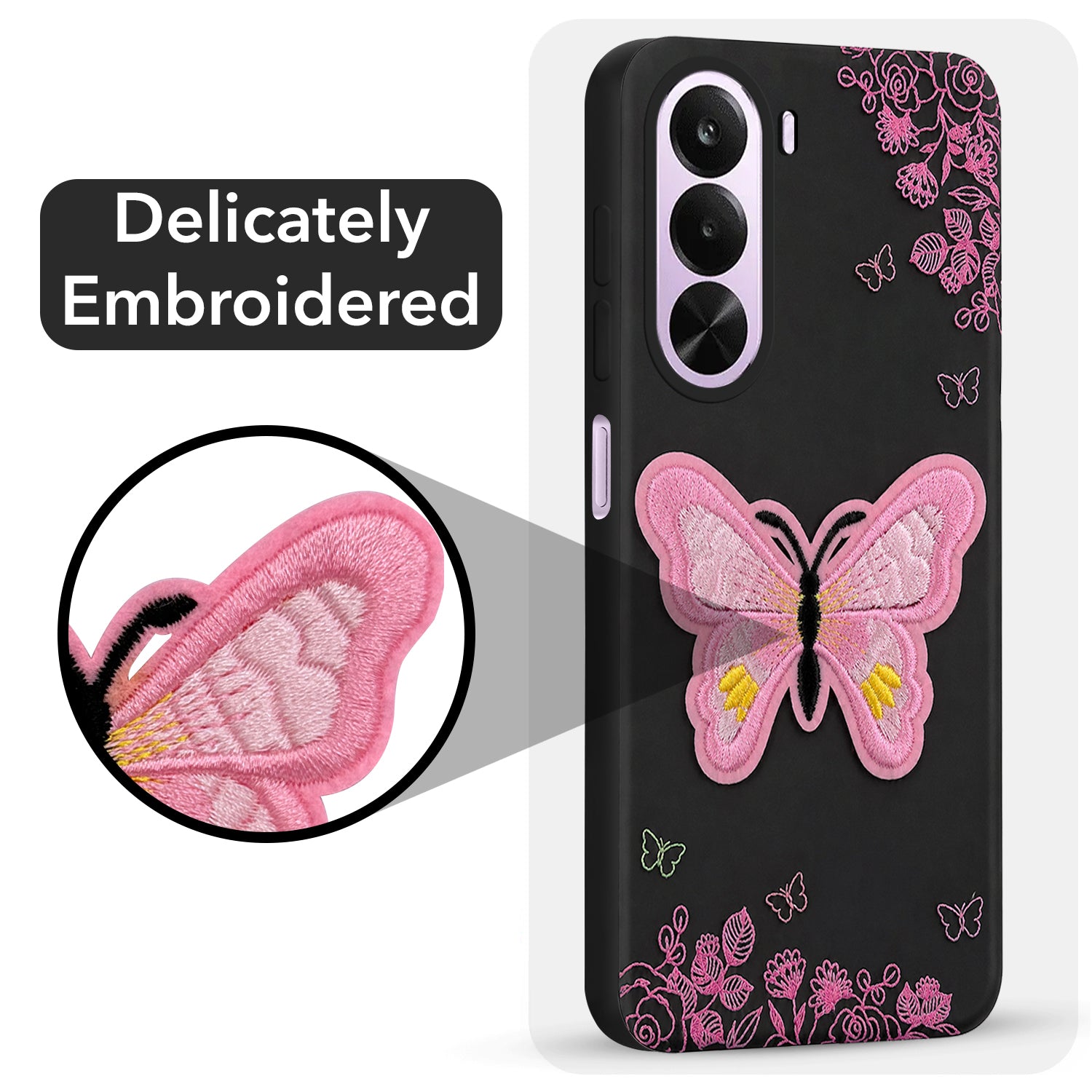For  Realme P4x Back Cover Case (Soft Butterfly Embroidery | Women Teen Girls | Camera Protection| Matte Silicone)