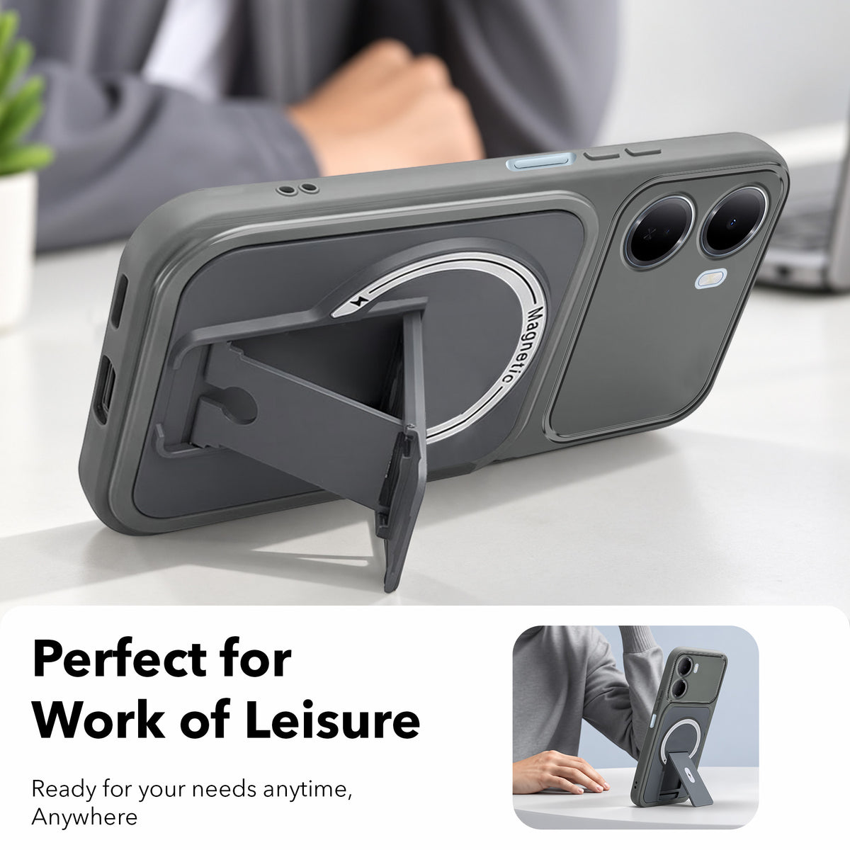 For Redmi 15A 5G Back Case Cover Metallic (Hybrid Armor Kickstand | MagSafe Compatible | Camera Protection Shockproof)