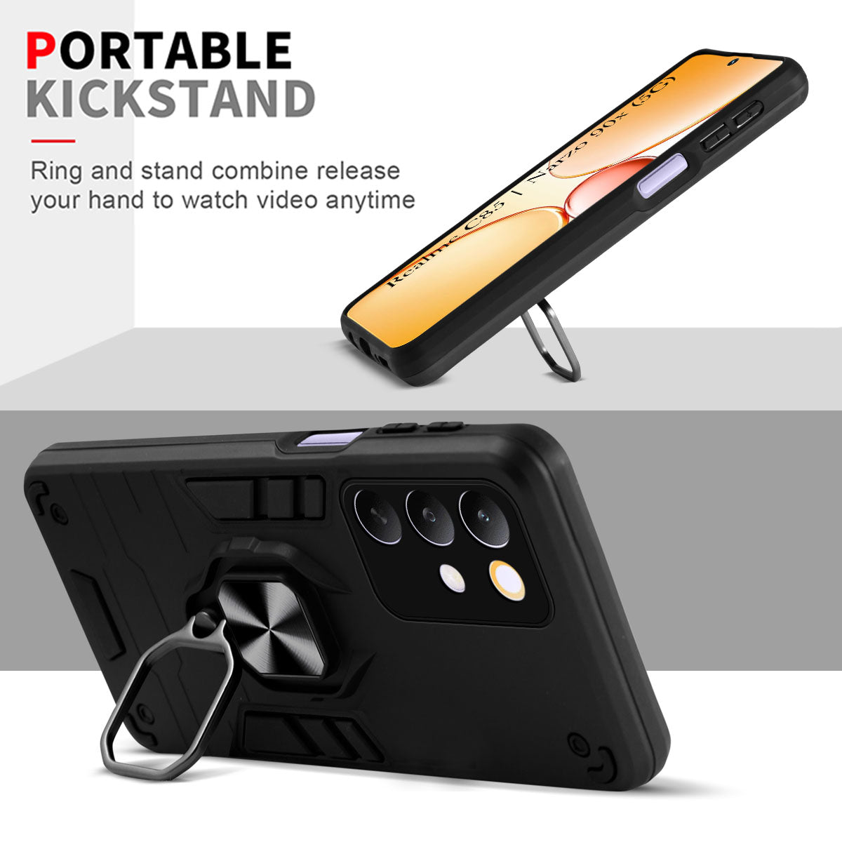 For Realme C85 5G | Realme Narzo 90x Back Cover Case Hybrid Armor (Shockproof Dual Layer Polycarbonate |Ring Holder Kickstand)
