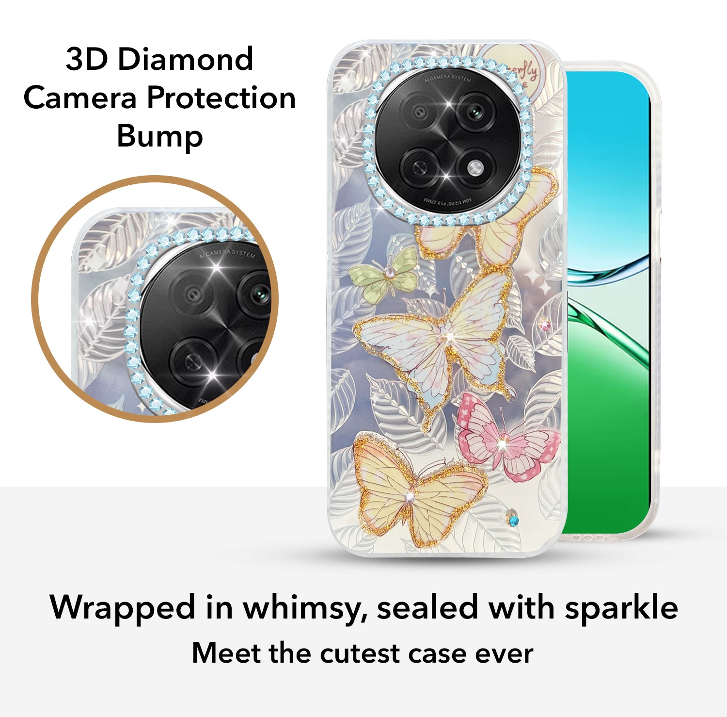 For Oppo F29 Pro Back Cover Case  (Luxury Floral Glitter Cute Butterfly | Diamond Studded Camera Bump | Girls & Women Design)