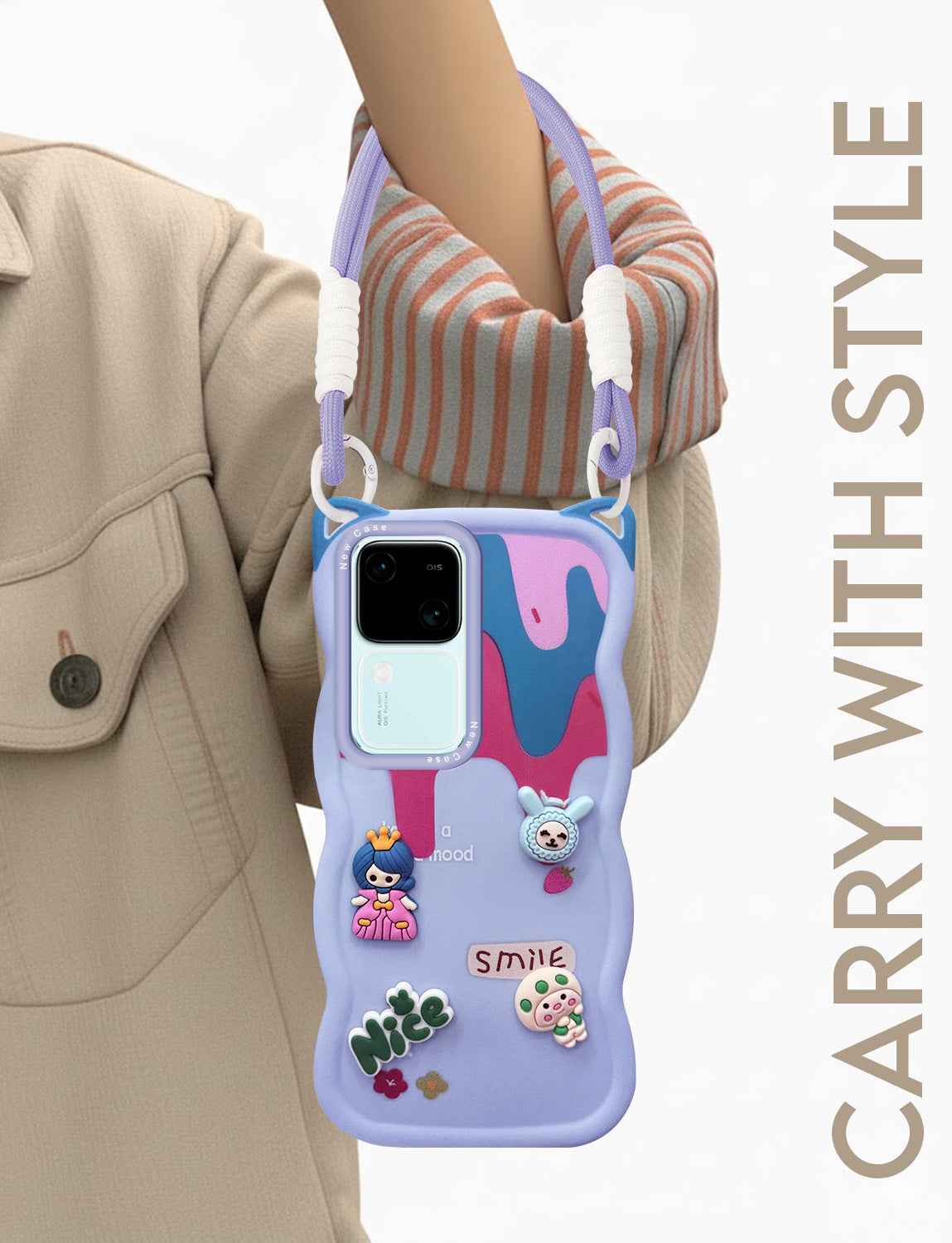 For Vivo V30 | Vivo V30 Pro 5G Back Case Cover Strap(3D embossed Figures | Strap Holder | 360* Soft Cushion with Camera Bump)