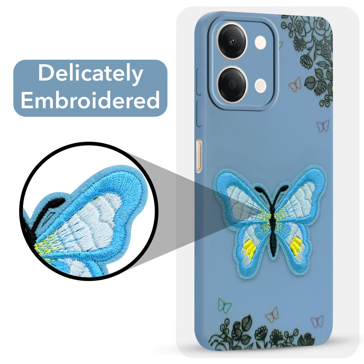 For Vivo Y05 (4G) | Vivo T5 Lite (5G) Back Cover Case (Soft Butterfly Embroidery | Women Teen Girls | Camera Protection| Matte Silicone)