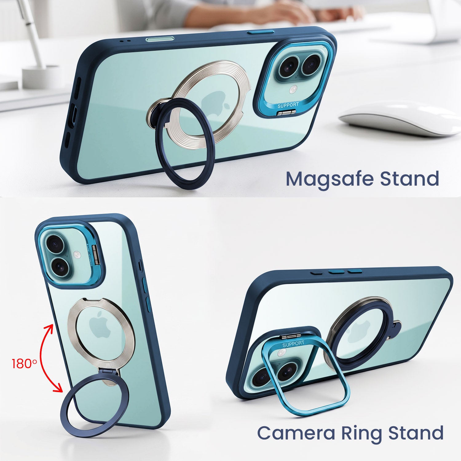 For Apple iPhone 16 Back Cover Case Crystal (Lifetime Anti Yellow | Magnetic Ring Stand | Camera Lens Protection | MagSafe Compatible)