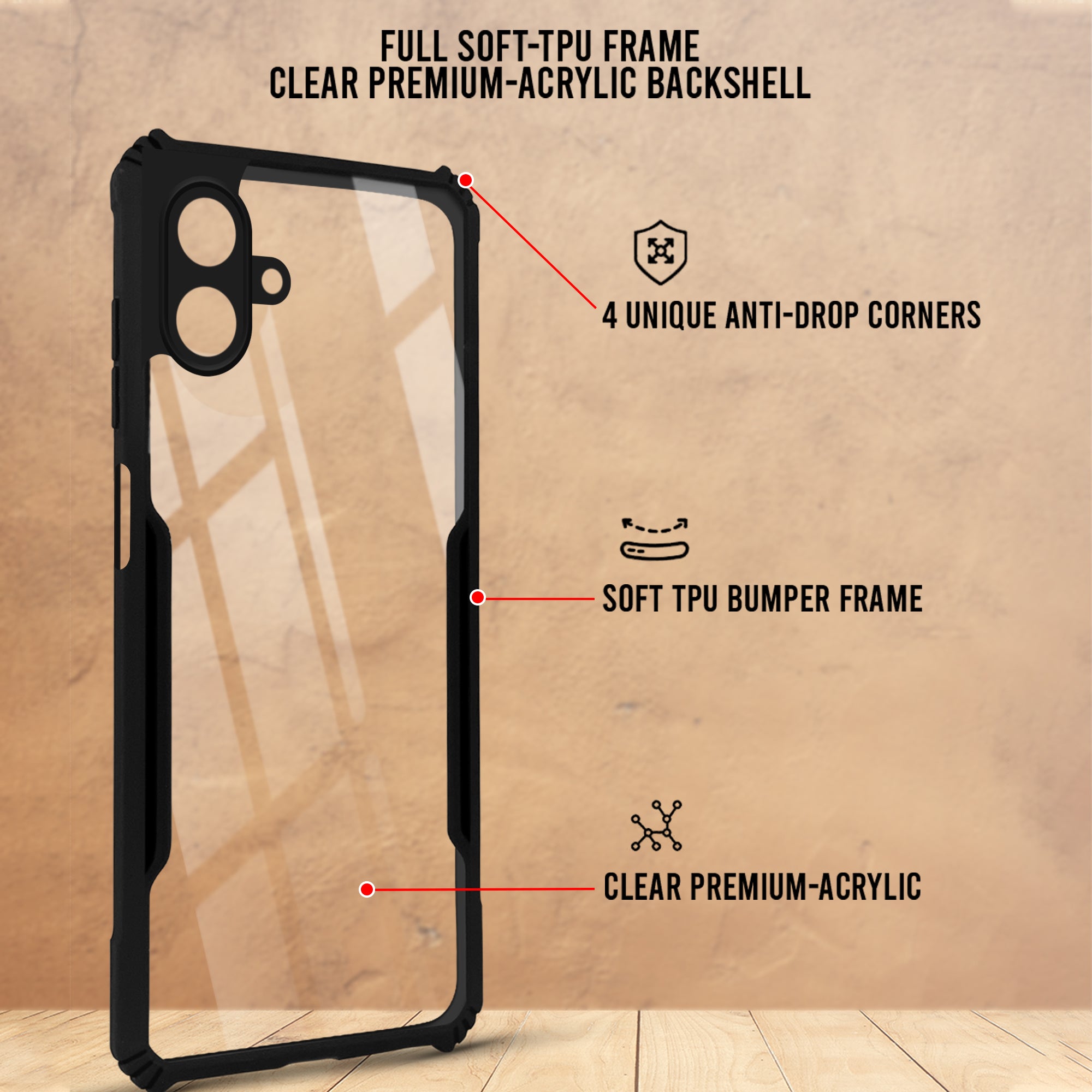 For Samsung Galaxy A07 4G Back Cover Case Hybrid (Shockproof with Polycarbonate Clear Panel | Professional Black)