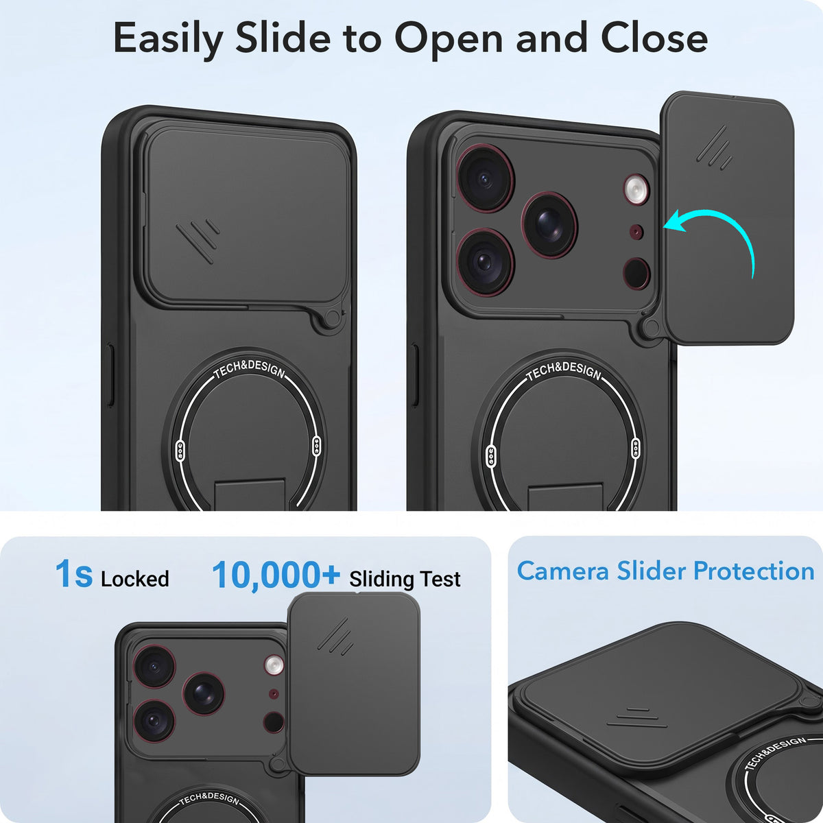 For Apple iPhone 18 Pro Back Case Cover Metallic (Hybrid Armor Kickstand | Sliding Shutter Camera Protection | MagSafe Compatible)