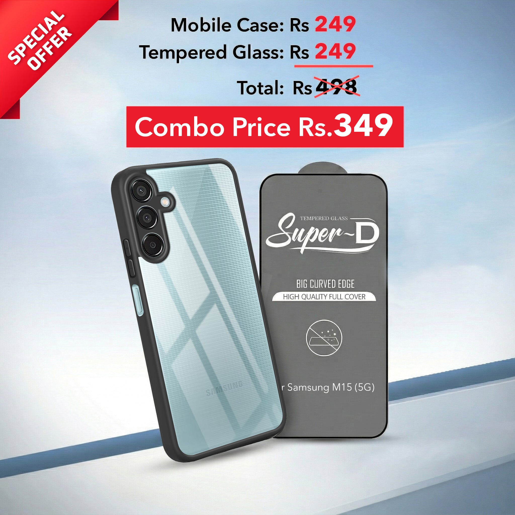 For Samsung Galaxy M15 5G Combo with Back Cover and 9H Tempered Glass (Lifetime Anti-Yellow | Crystal Clear Shockproof | Oleophobic Coating Screen Glass)