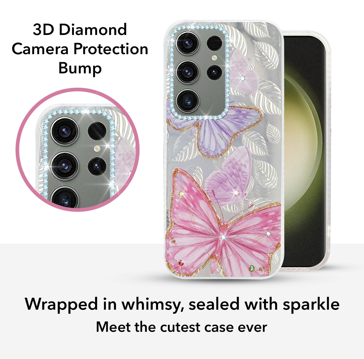 For Samsung Galaxy S23 Ultra Back Cover Case (Luxury Floral Glitter Cute Butterfly | Diamond Studded Camera Bump | Girls & Women Design)