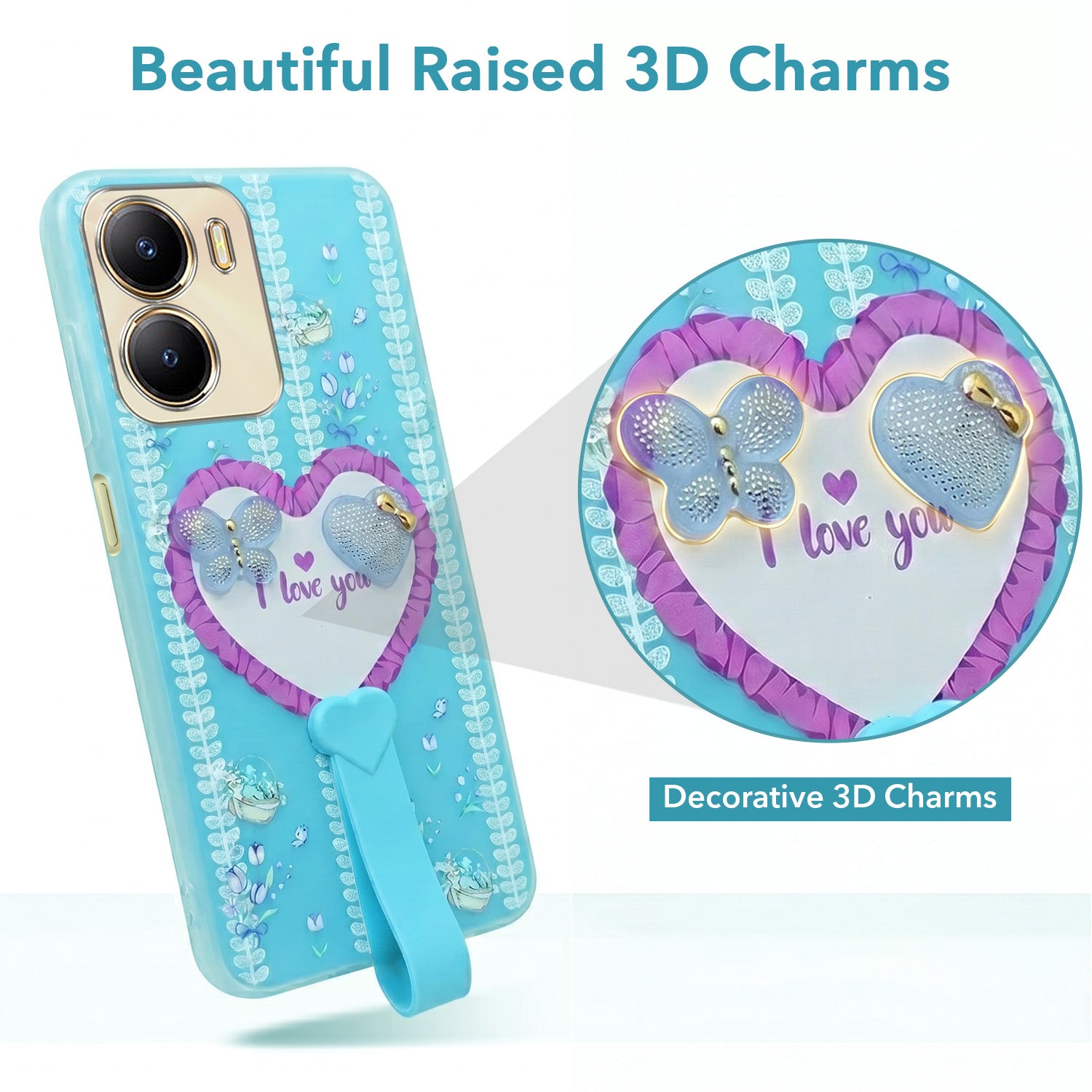 For Vivo Y56 5G Back Cover Case (3D Cute Heart Strap Holder | Camera Protection | Designer Girls Print)