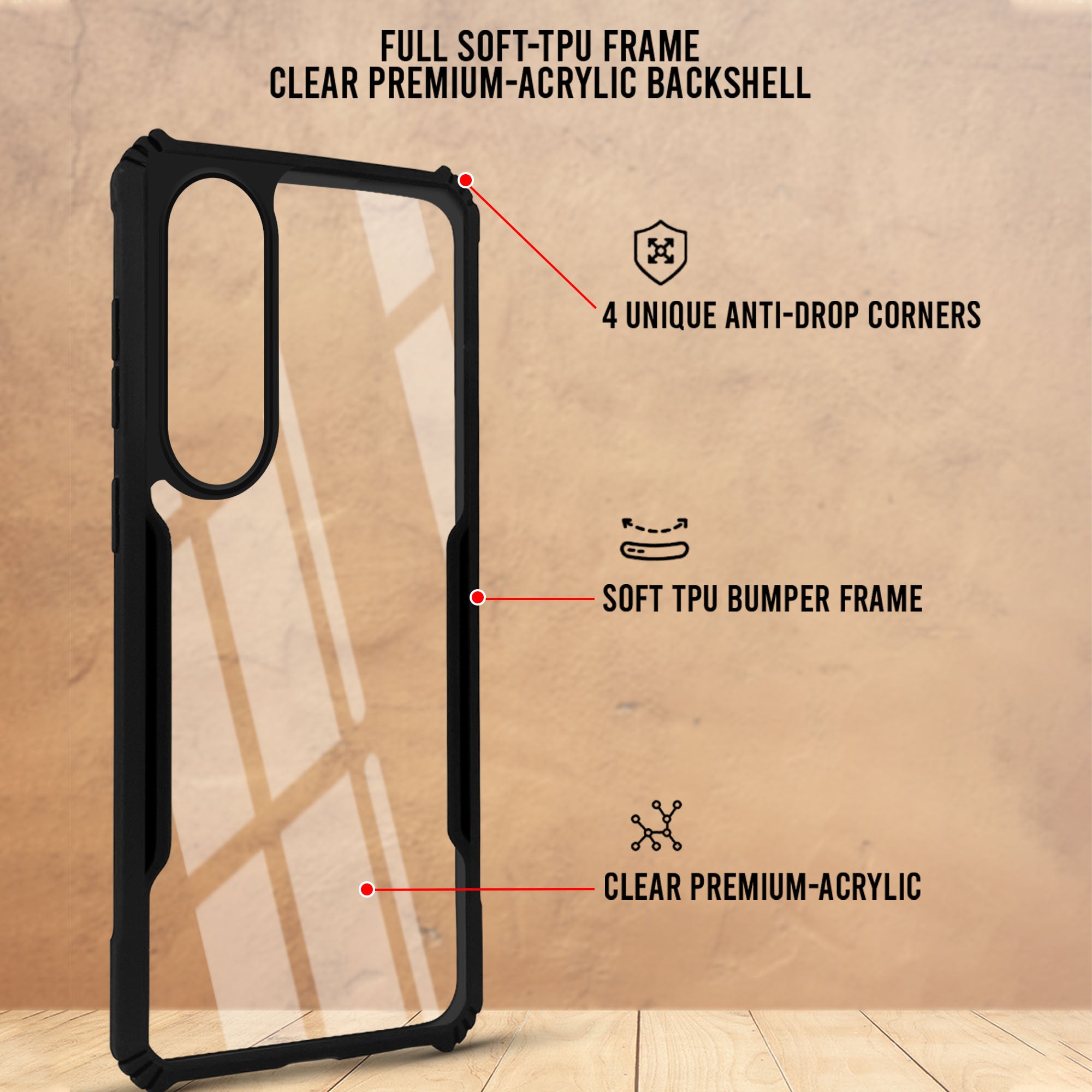 For Vivo V70 FE 5G Back Cover Case Hybrid (Shockproof with Polycarbonate Clear Panel | Professional Black)