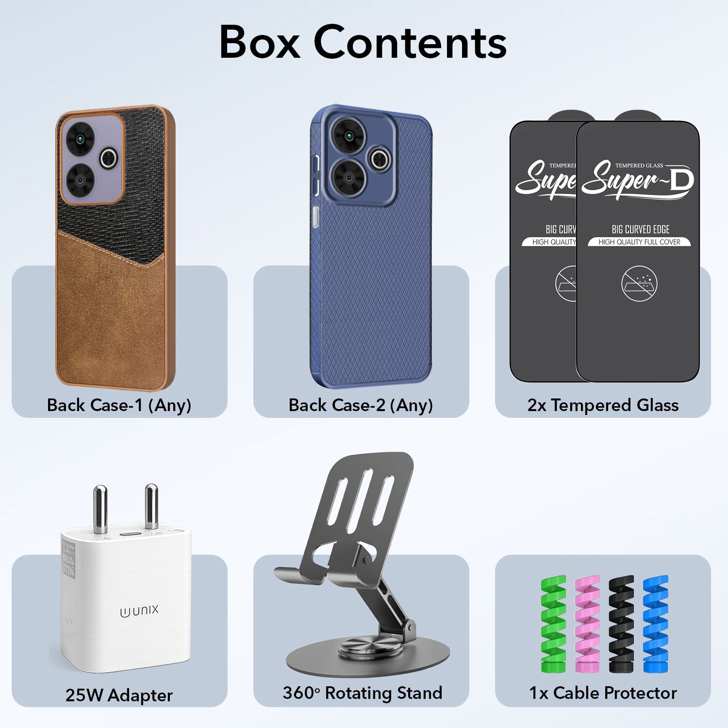 Complete Mobile Care Kit (Get Any 2 Cases+2 Tempered Glass+25W Charger Adapter+Metallic Mobile Stand+Cable Protector)