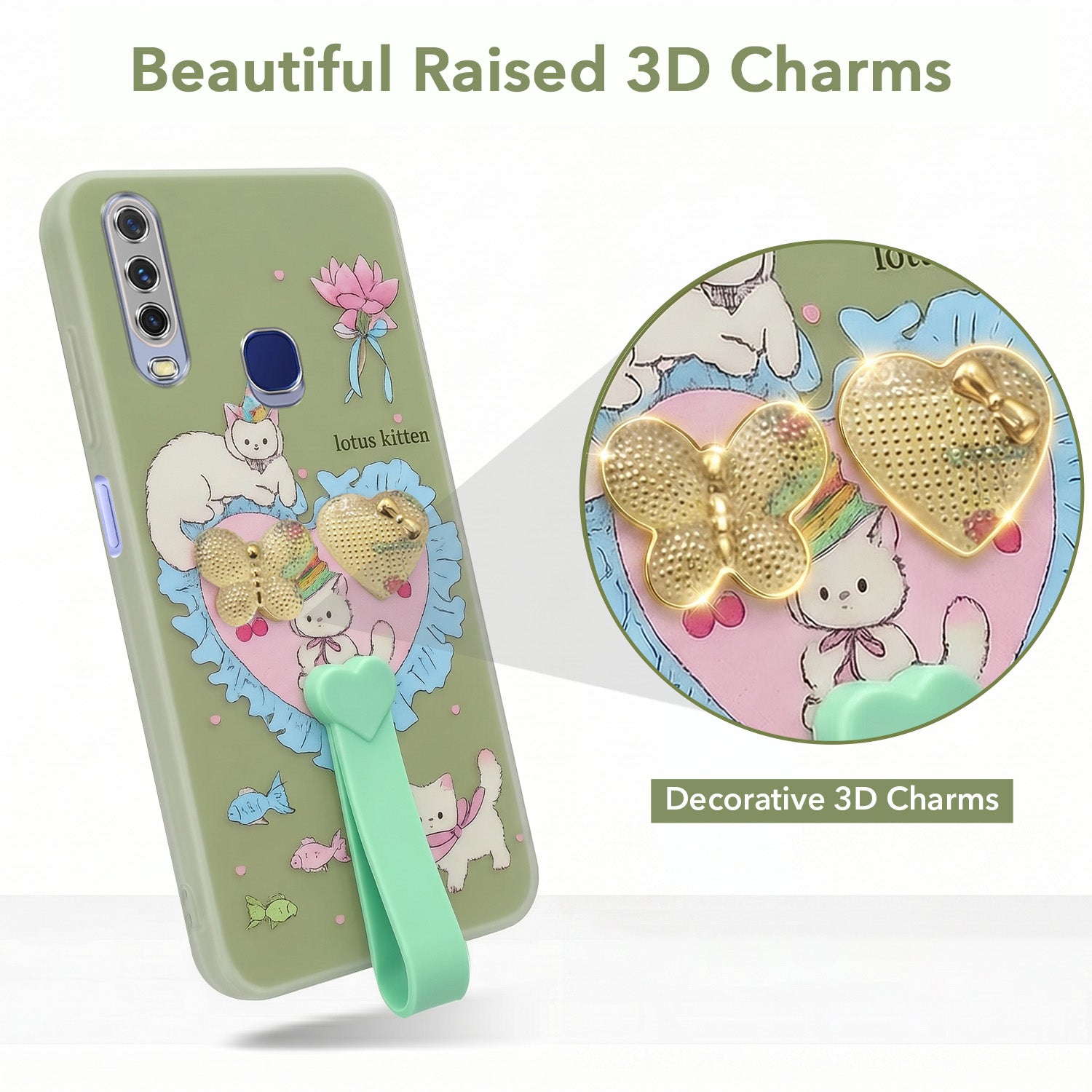 For Vivo Y12 | Y15 | Y17 Back Cover Case (3D Cute Heart Strap Holder | Camera Protection | Designer Girls Print)
