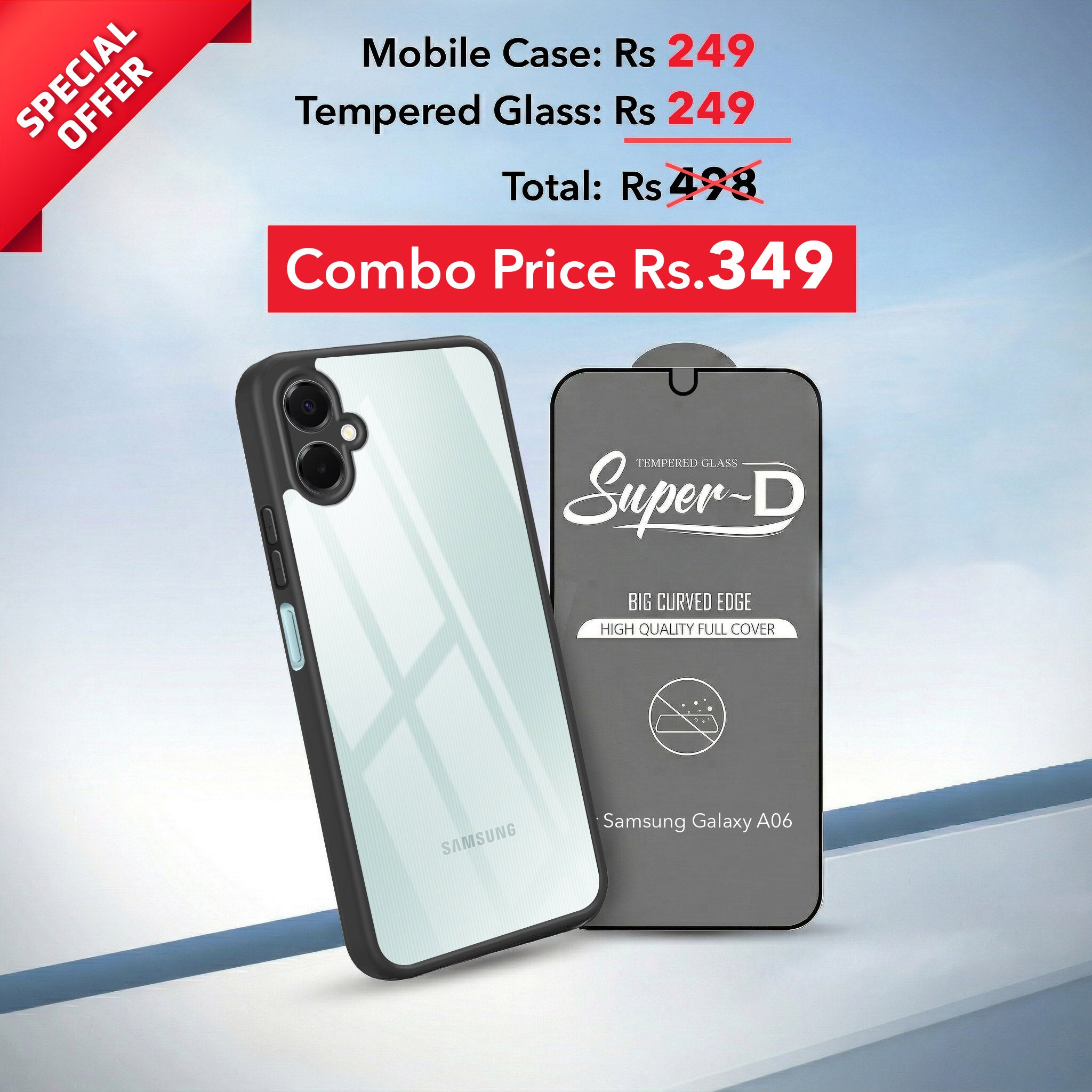 For Samsung Galaxy A06 Combo with Back Cover and 9H Tempered Glass (Lifetime Anti-Yellow | Crystal Clear Shockproof | Oleophobic Coating Screen Glass)