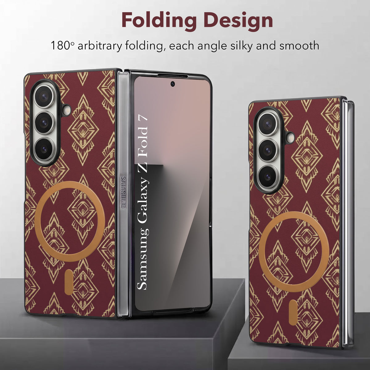 For Samsung Galaxy Z Fold 7 Back Cover Case Premium Magnetic (MagSafe Compatible | 180° Folding Design | Geometric Gold Pattern | Soft Microfiber Inner Lining)