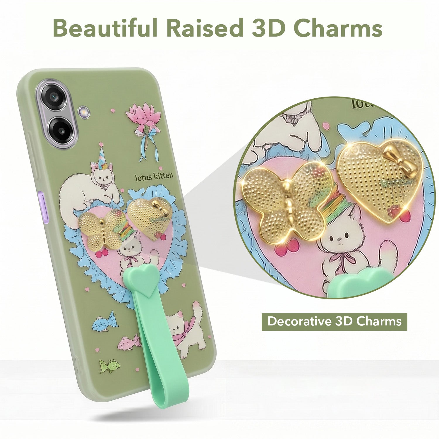For Samsung Galaxy M17e Back Cover Case (3D Cute Heart Strap Holder | Camera Protection | Designer Girls Print)