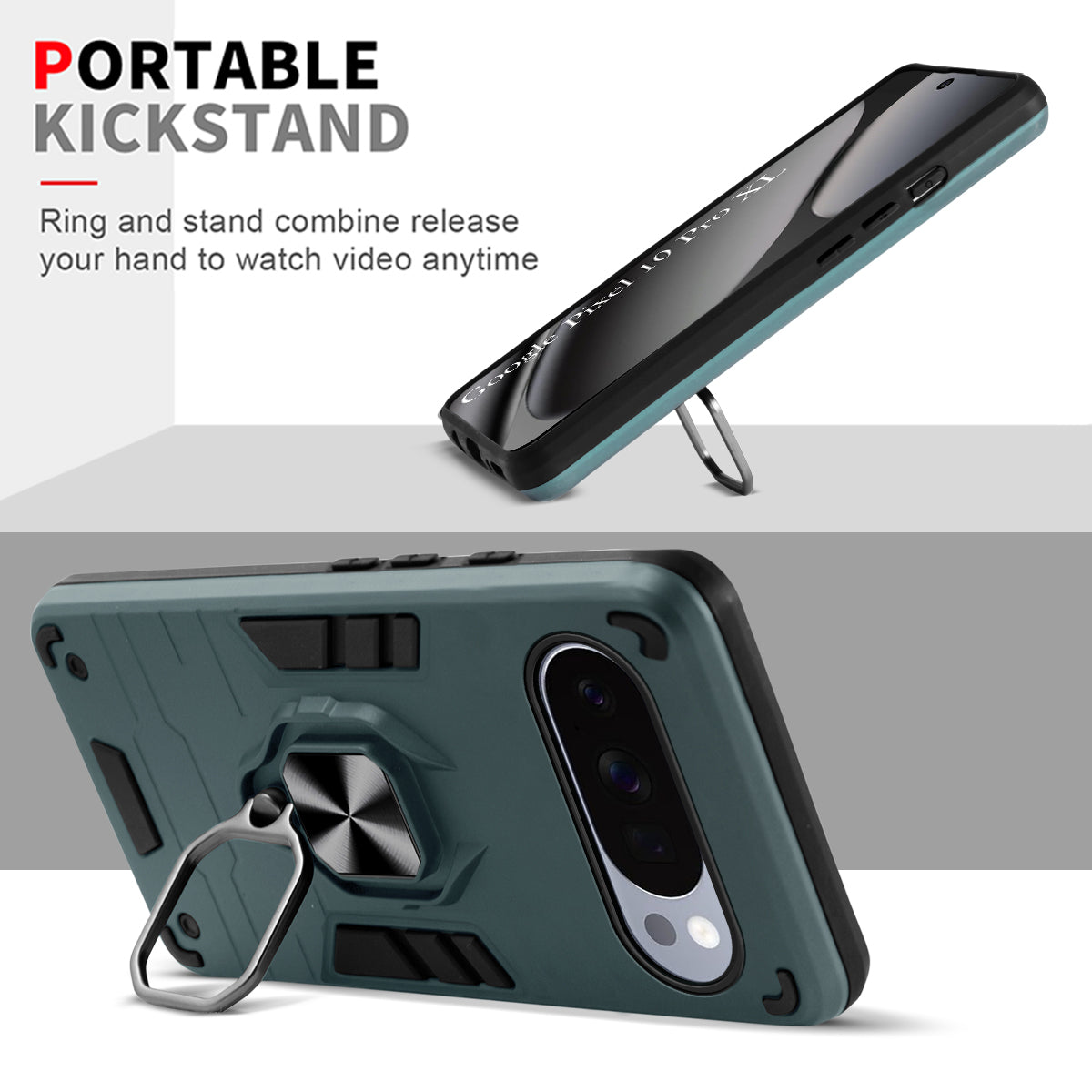 For Google Pixel 10 Pro XL Back Cover Case Hybrid Armor (Shockproof Dual Layer Polycarbonate |Ring Holder Kickstand)