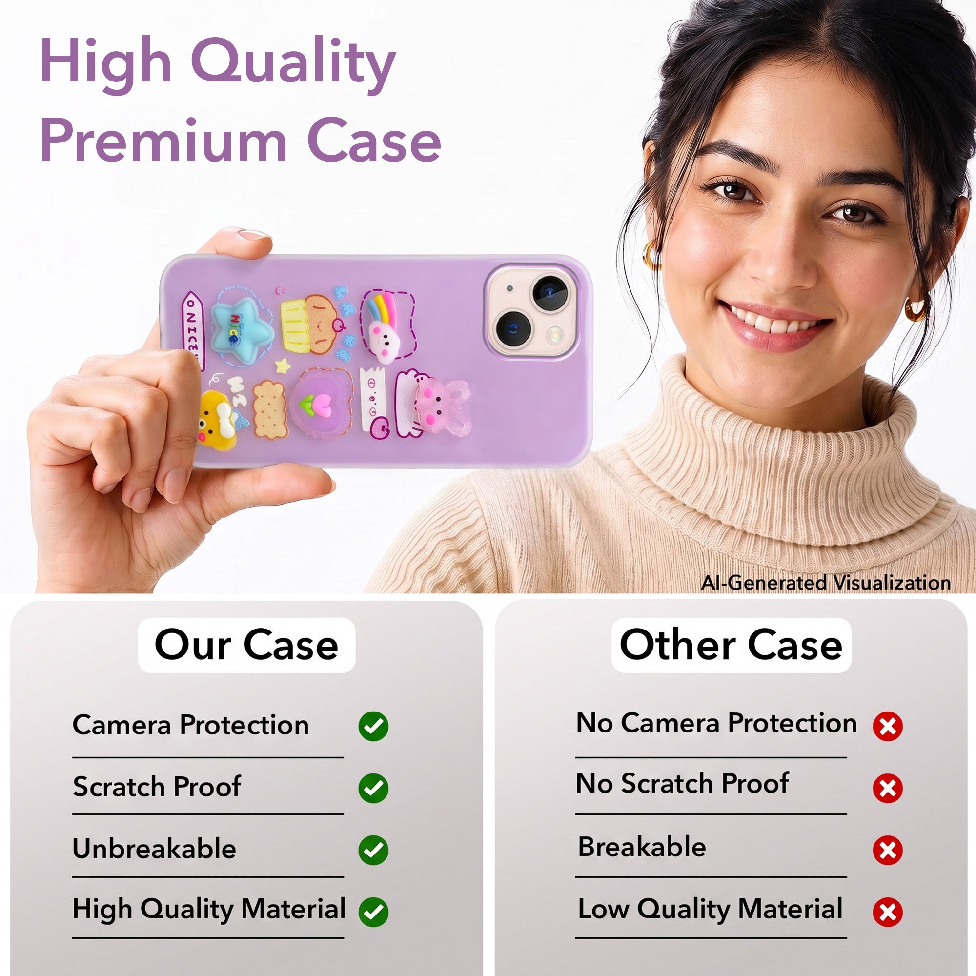 For Apple iPhone 13 Back Cover Case (Cute 3D cartoon charms design | Slim Aesthetic Case for Girls | Camera Protection | Hard Unbreakable)