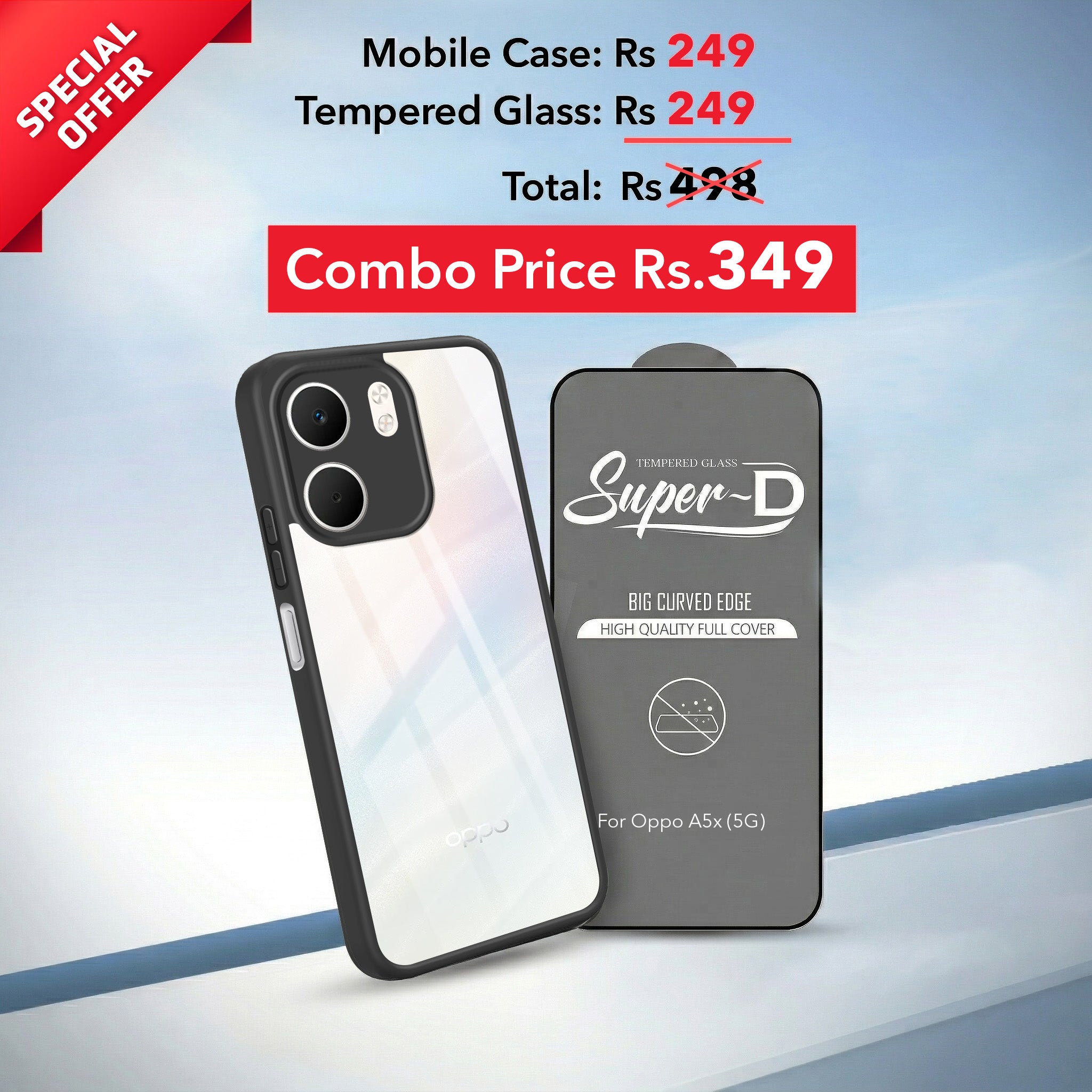 For Oppo A5X Combo with Back Cover and 9H Tempered Glass (Lifetime Anti-Yellow | Sleek Hard Crystal | Oleophobic Coating Screen Glass)