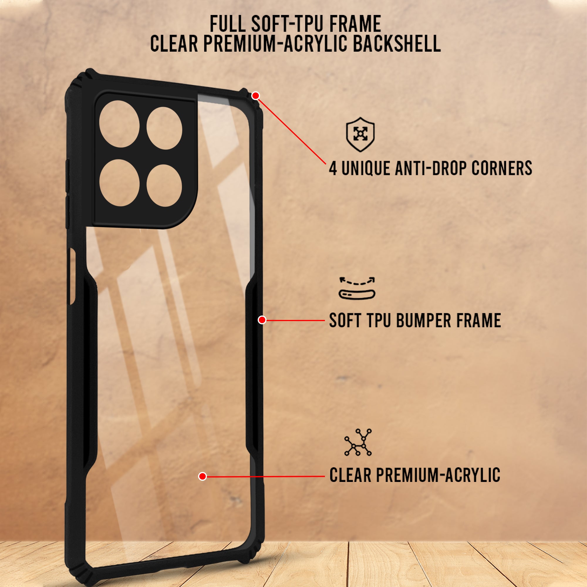 For Motorola Moto G67 Power | G57 Power Back Cover Case Hybrid (Shockproof with Polycarbonate Clear Panel | Professional Black)