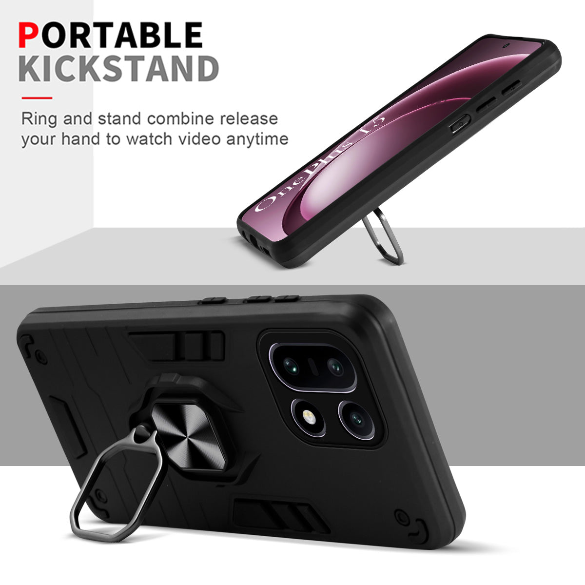 For OnePlus 15 5G Back Cover Case Hybrid Armor (Shockproof Dual Layer Polycarbonate |Ring Holder Kickstand)