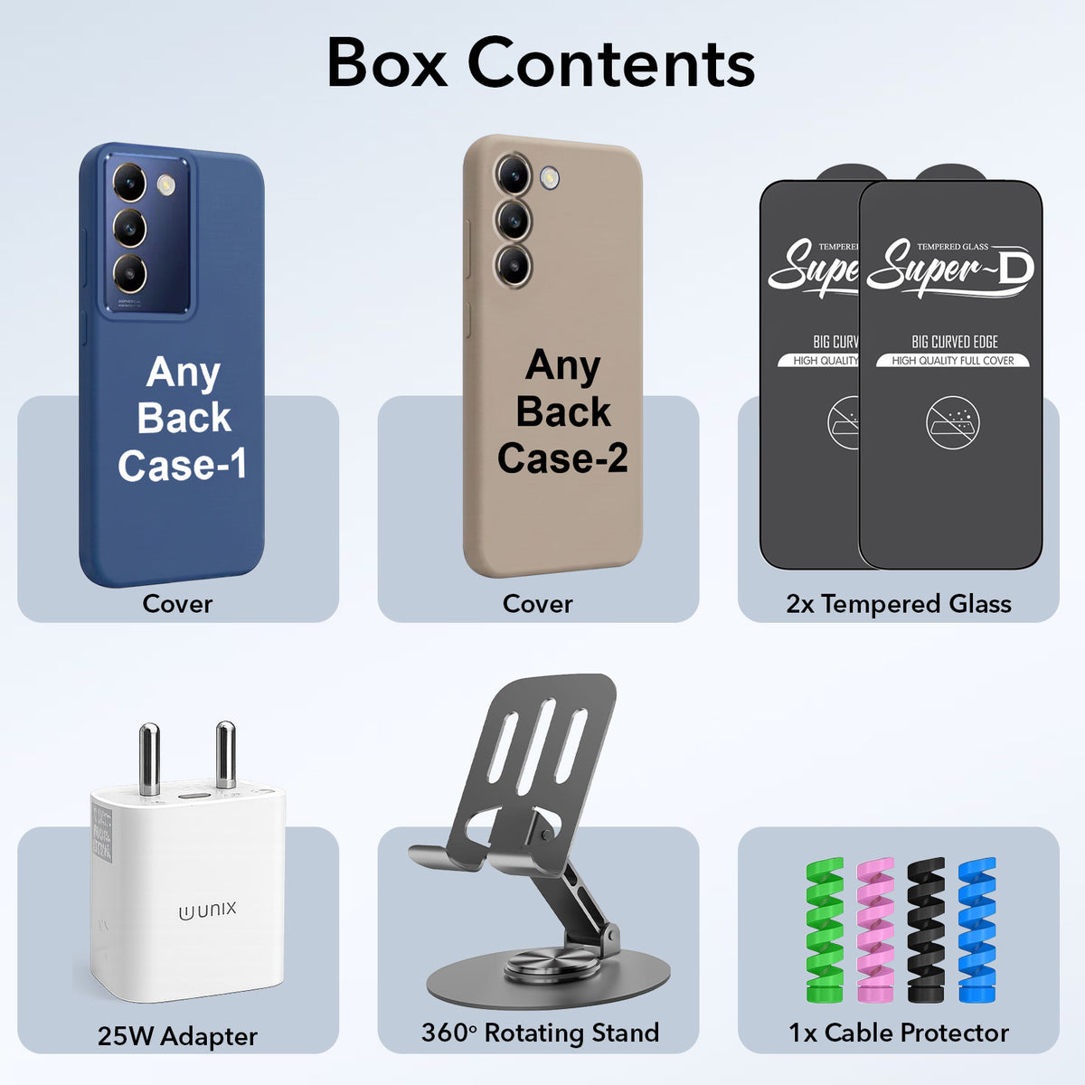 Complete Mobile Care Kit (Get Any 2 Cases+2 Tempered Glass+25W Charger Adapter+Metallic Mobile Stand+Cable Protector)