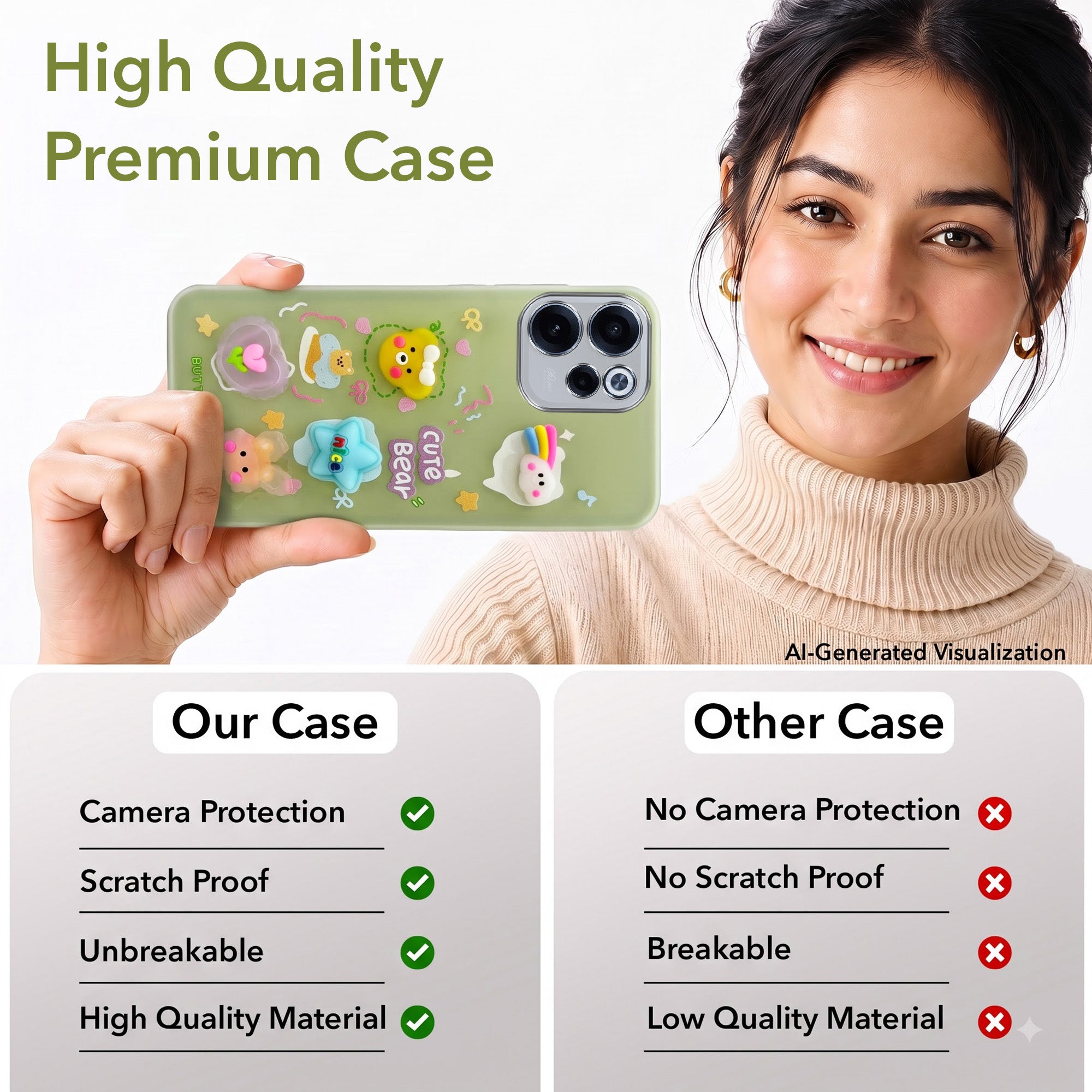 For Oppo Reno 15c Back Cover Case (3D Cute Cartoons | Hard Back Side Soft | Matte Premium Finish | HD Printing)