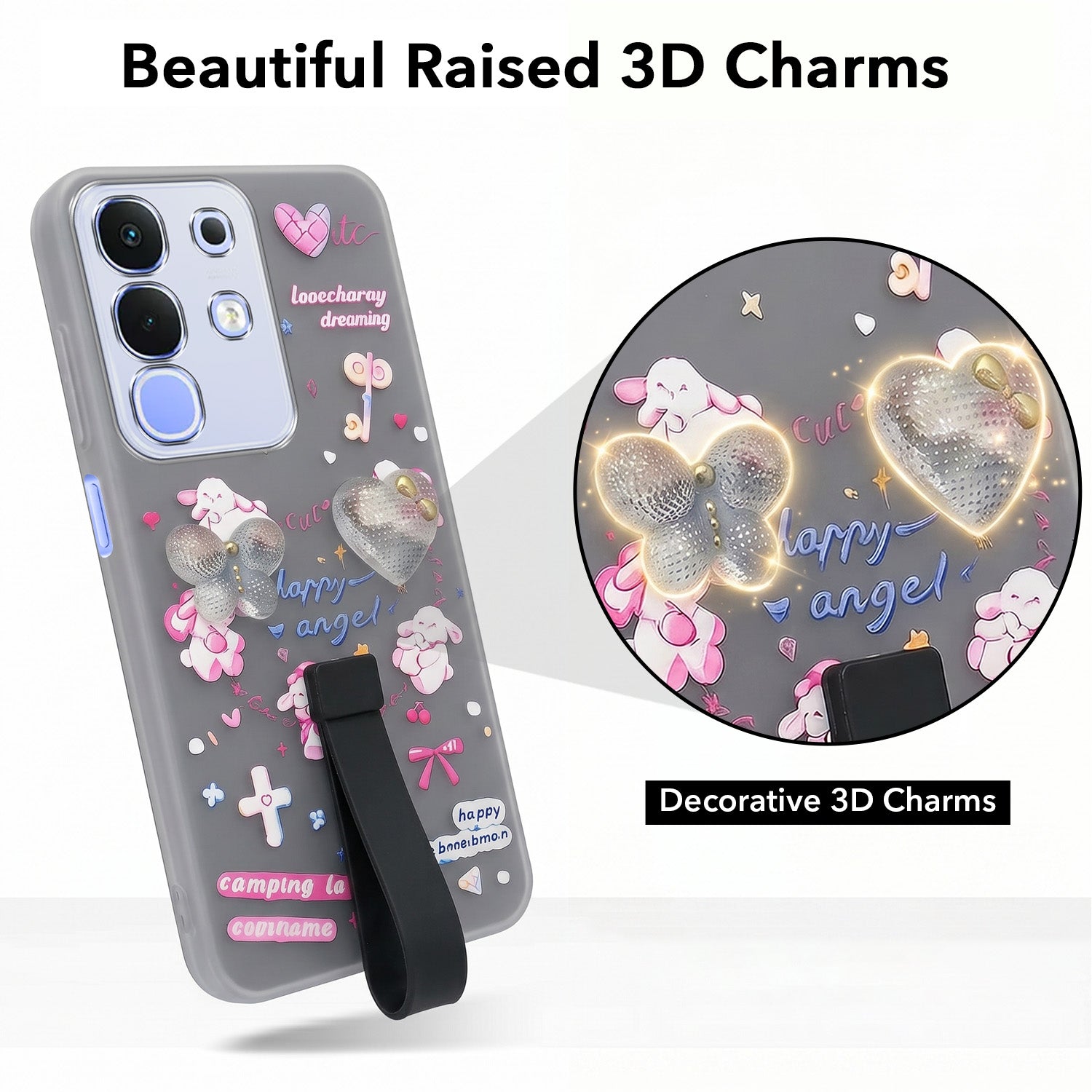 For Vivo iQOO Z10x Back Cover Case (3D Cute Heart Strap Holder | Camera Protection | Designer Girls Print)