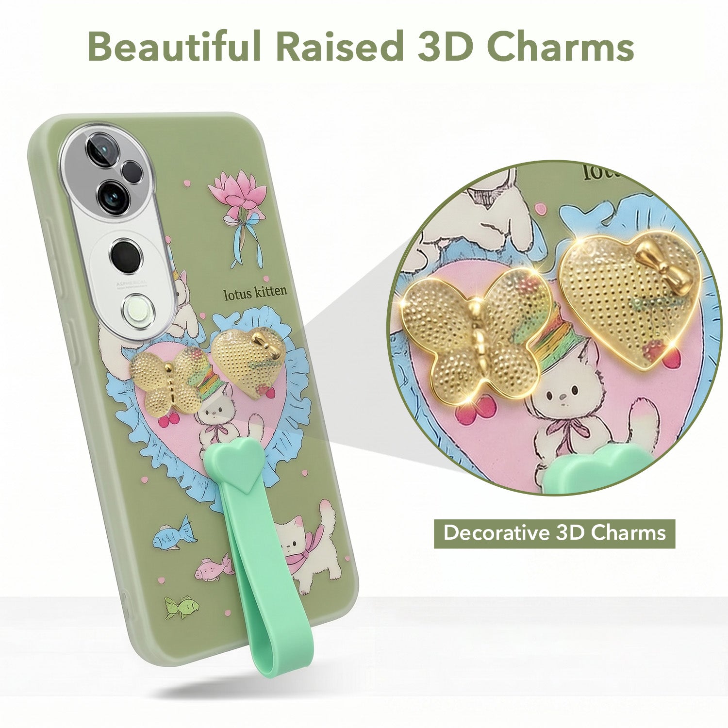 For Vivo T3 Ultra Back Cover Case (3D Cute Heart Strap Holder | Camera Protection | Designer Girls Print)