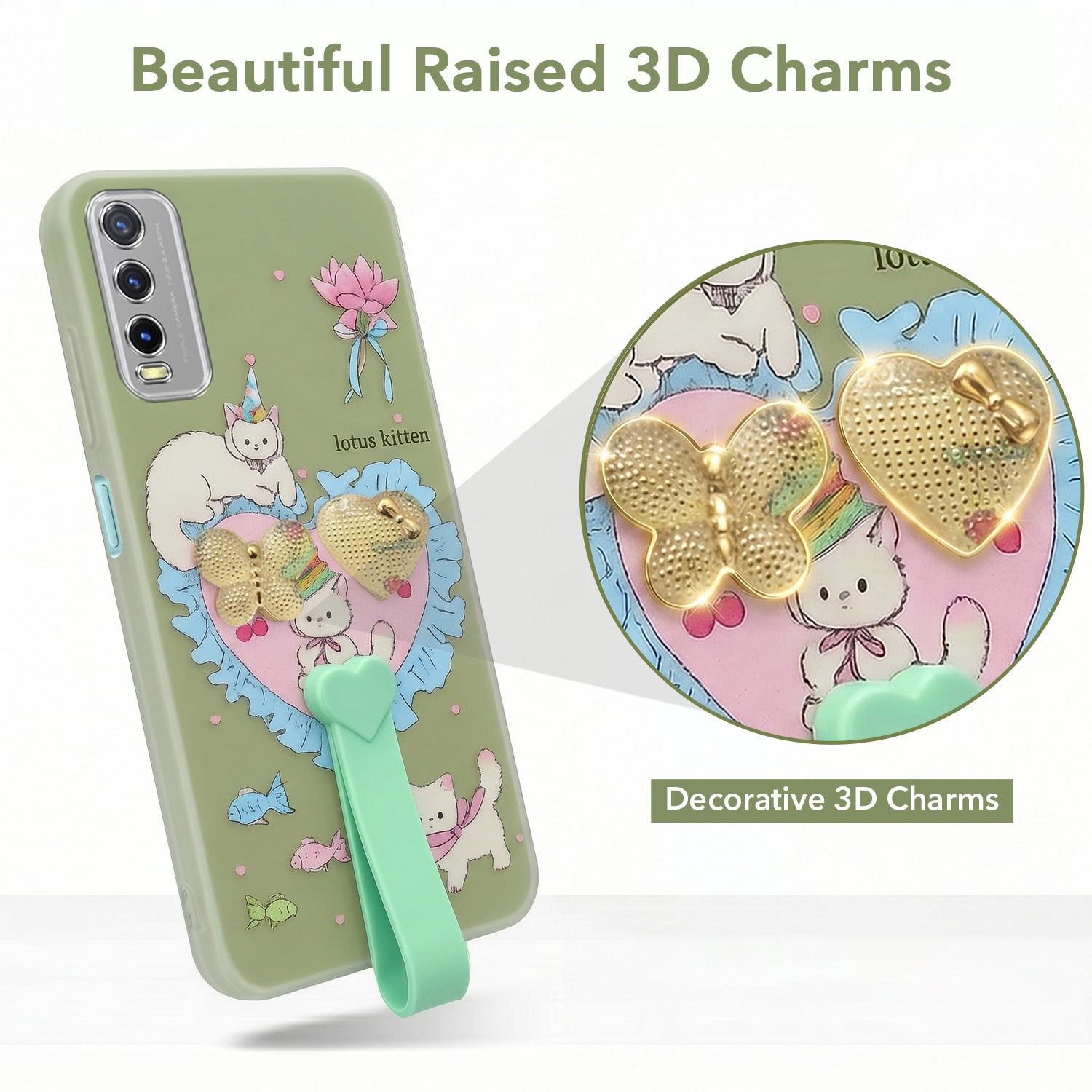 For Vivo Y20 | Y20i  Back Cover Case (3D Cute Heart Strap Holder | Camera Protection | Designer Girls Print)