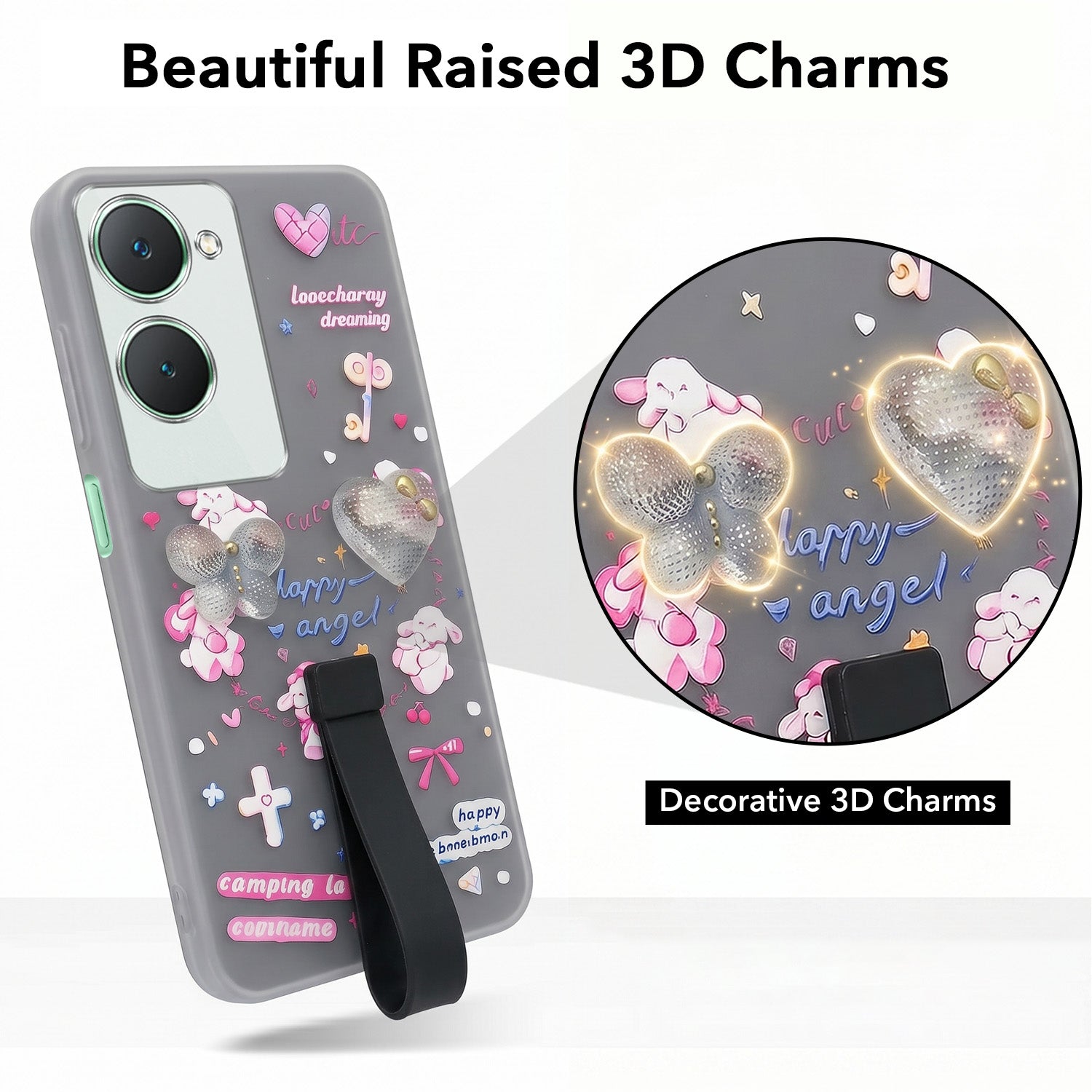 For Vivo Y18 | Y18e | Y03 | Y18i | Y18t Back Cover Case (3D Cute Heart Strap Holder | Camera Protection | Designer Girls Print)