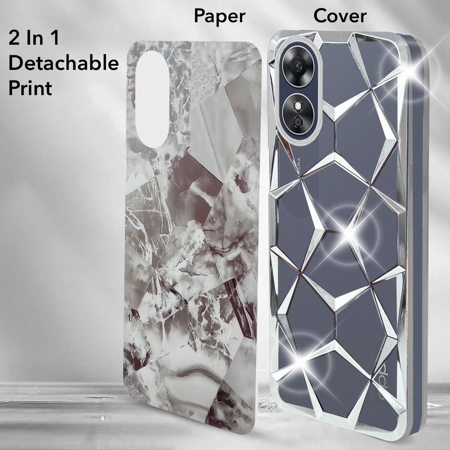For Oppo A17 Back Cover Case Compatible 3D Silicone (Dual Design Glitter Sparkle and Detachable Diamond Print Case | Soft and Flexible)