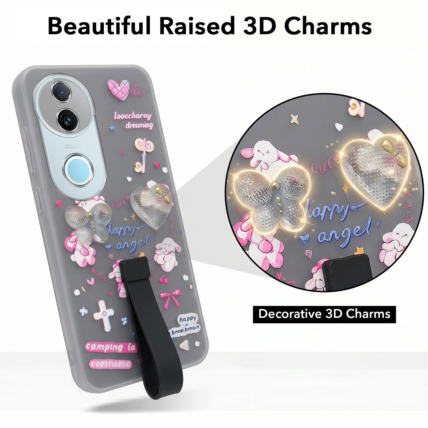 For Vivo iQOO Z10R Back Cover Case (3D Cute Heart Strap Holder | Camera Protection | Designer Girls Print)