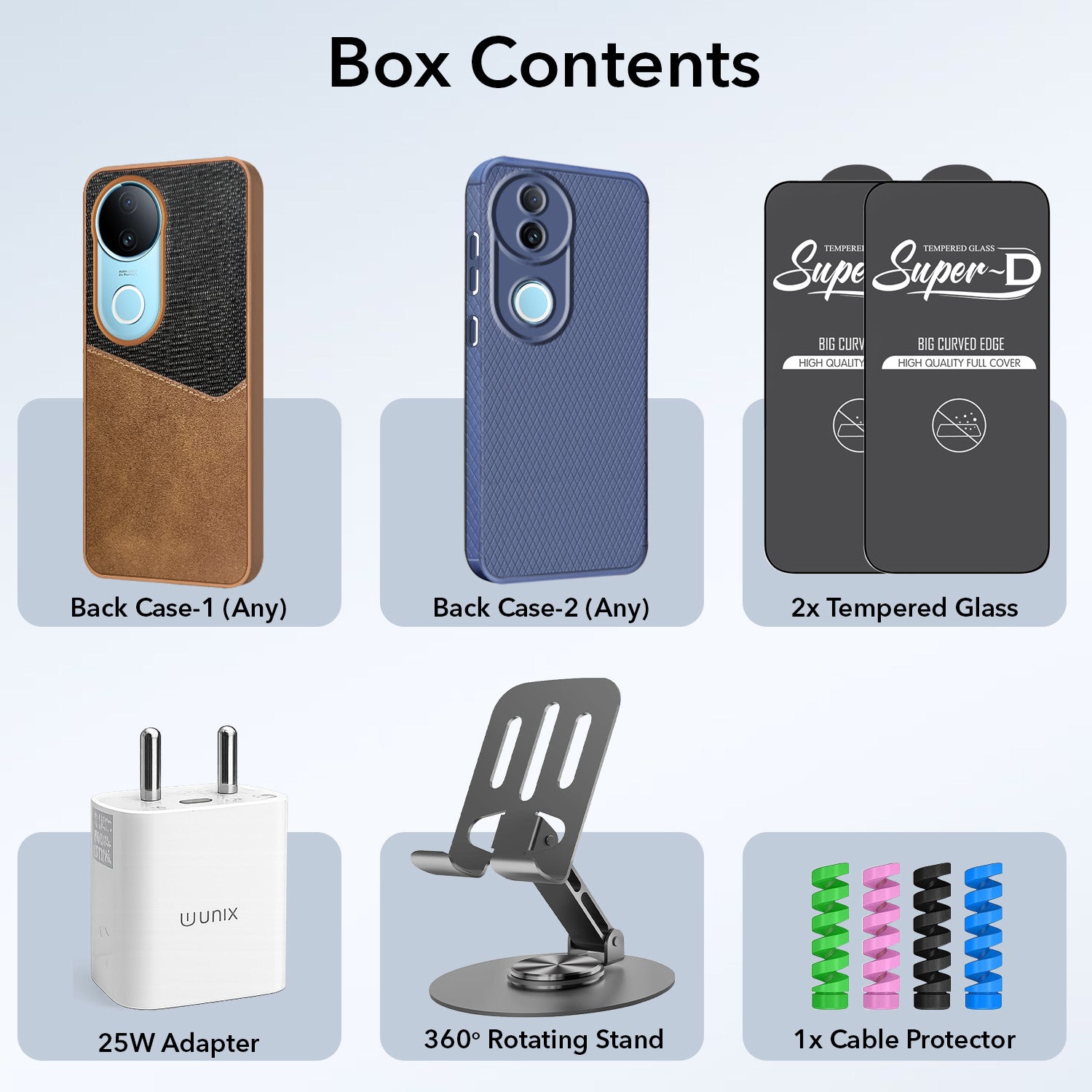 Complete Mobile Care Kit (Get Any 2 Cases+2 Tempered Glass+25W Charger Adapter+Metallic Mobile Stand+Cable Protector)