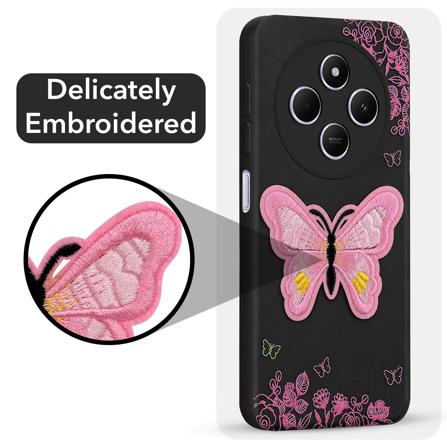 For Poco C75 | Poco M7 Back Cover Case (Soft Butterfly Embroidery | Women Teen Girls | Camera Protection| Matte Silicone)