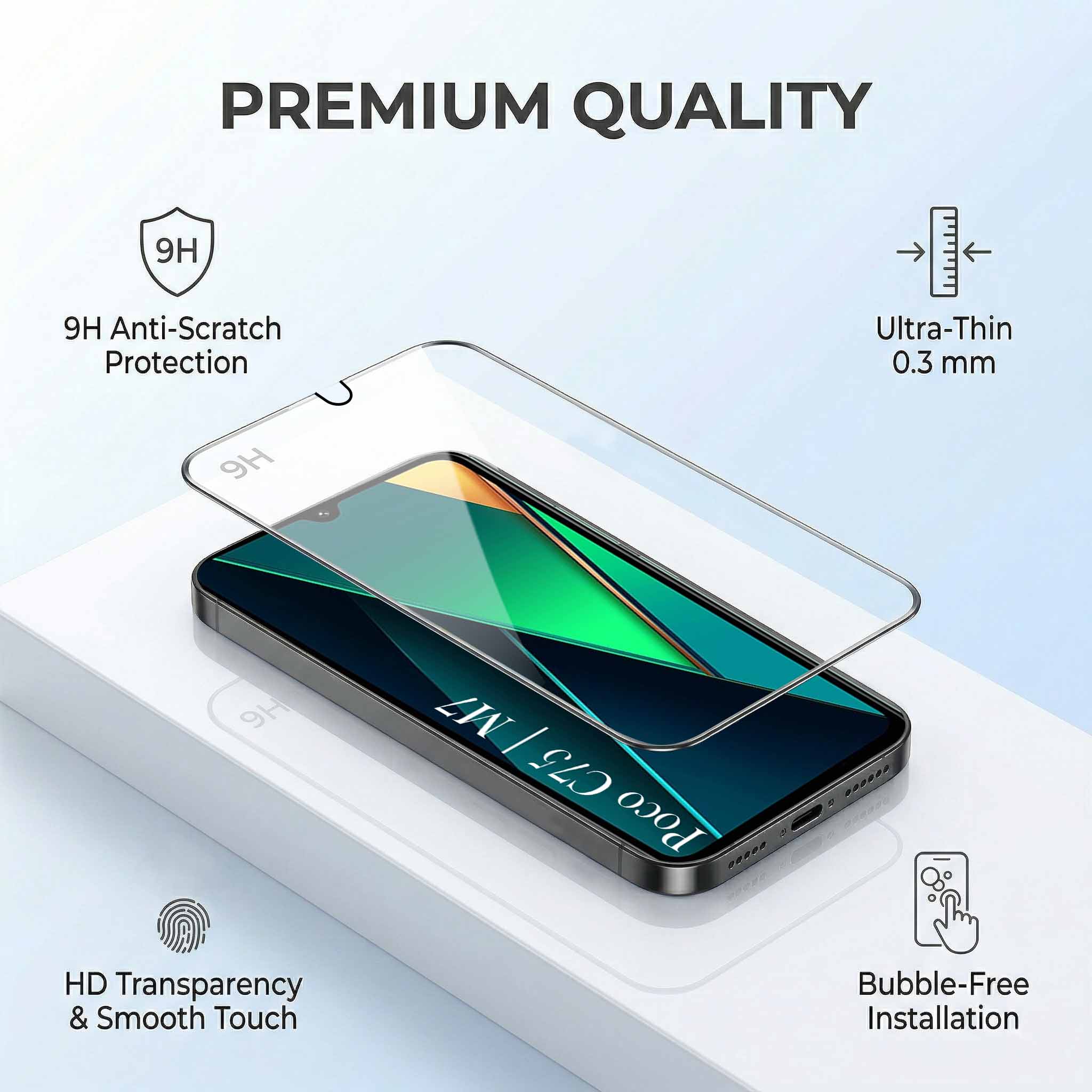 For Poco C75 | Poco M7 Combo with Back Cover and 9H Tempered Glass (Textured Grip Design | Micro-Fiber Cloth Inside | Oleophobic Coating Screen Glass)