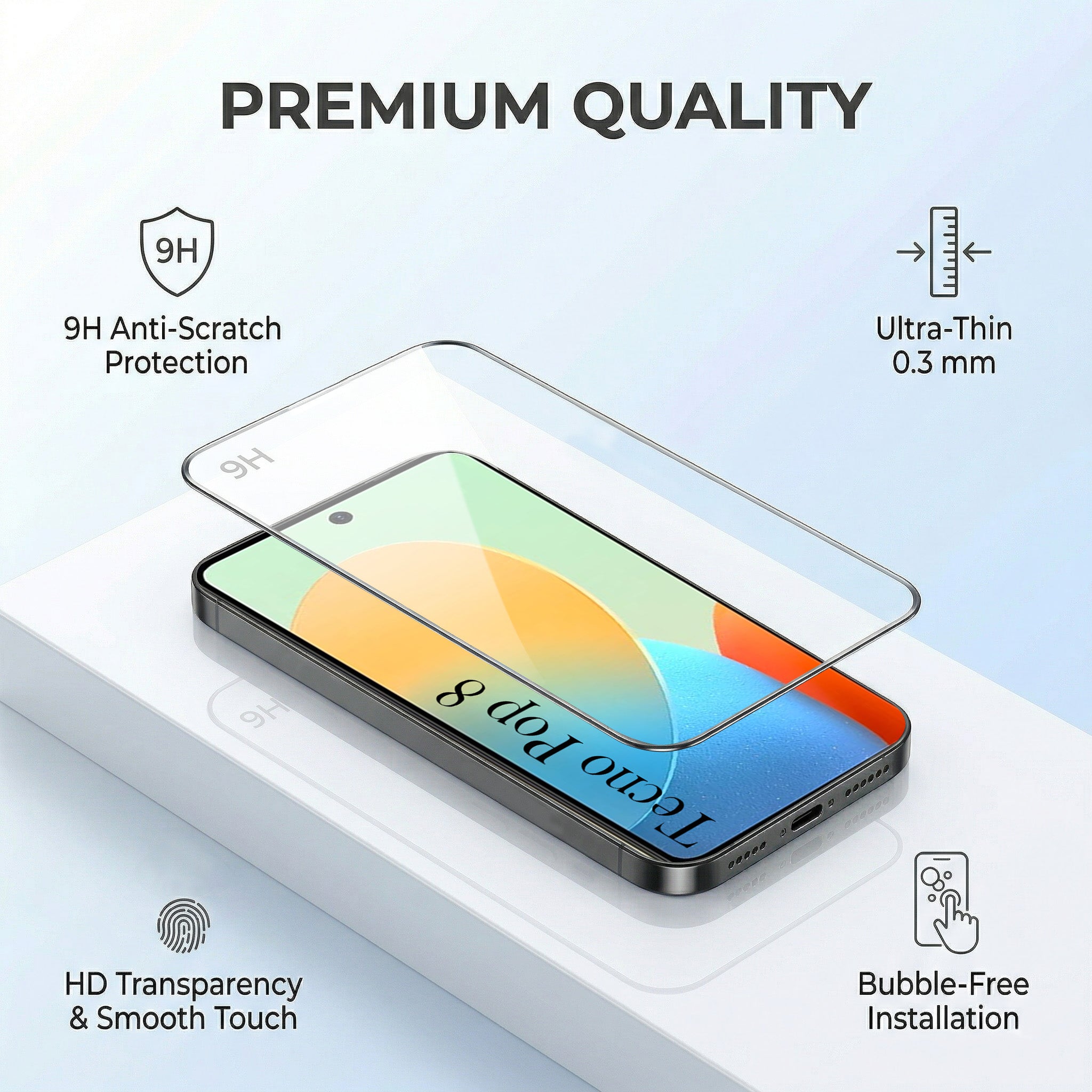 For Tecno Pop 8 Combo with Back Cover and 9H Tempered Glass (Liquid Silicone | Camera Protection | Oleophobic Coating Screen Glass)