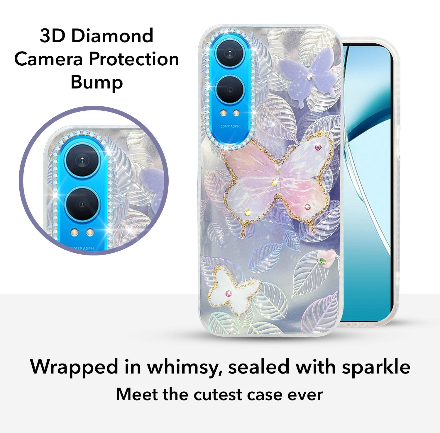 For OnePlus Nord CE 4 Lite Back Cover Case (Luxury Floral Glitter Cute Butterfly | Diamond Studded Camera Bump | Girls & Women Design)