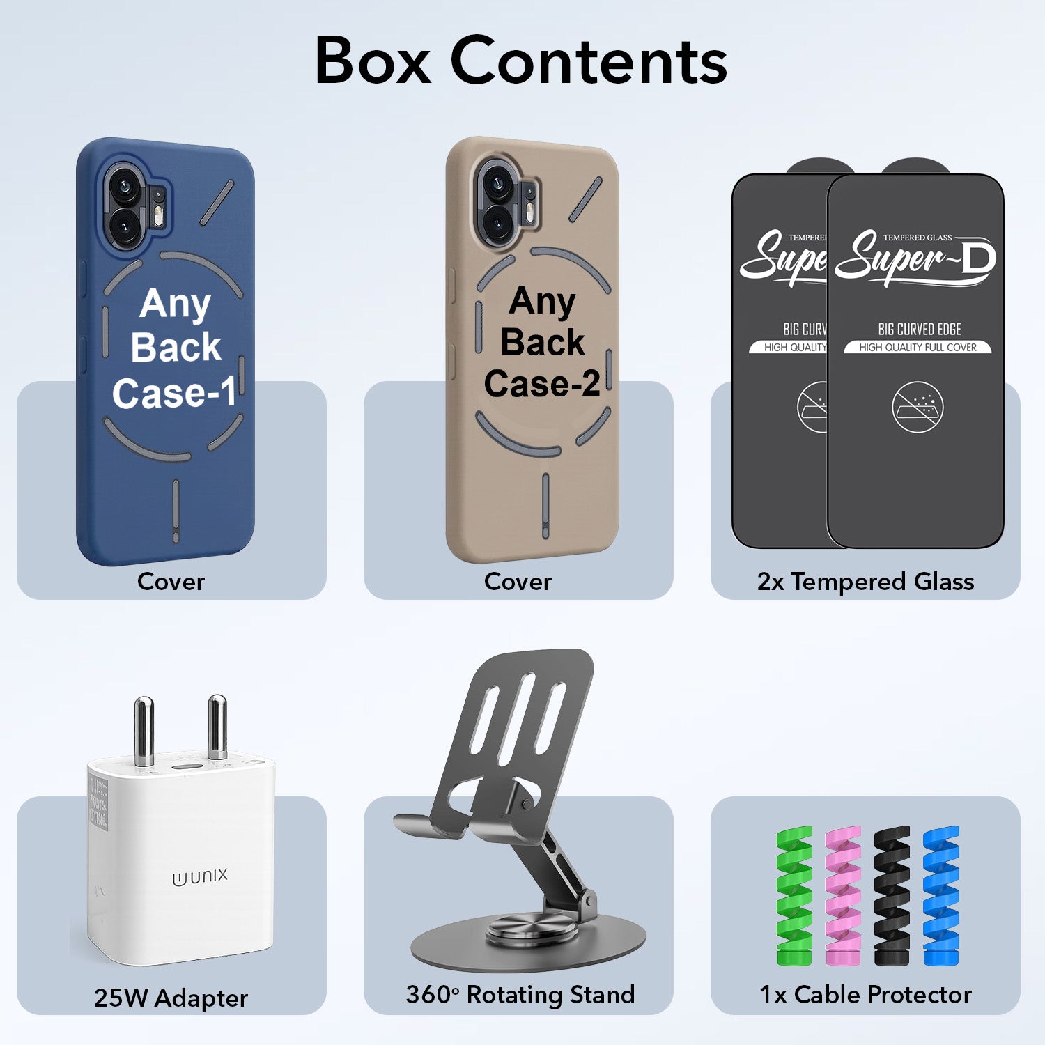 Complete Mobile Care Kit (Get Any 2 Cases+2 Tempered Glass+25W Charger Adapter+Metallic Mobile Stand+Cable Protector)