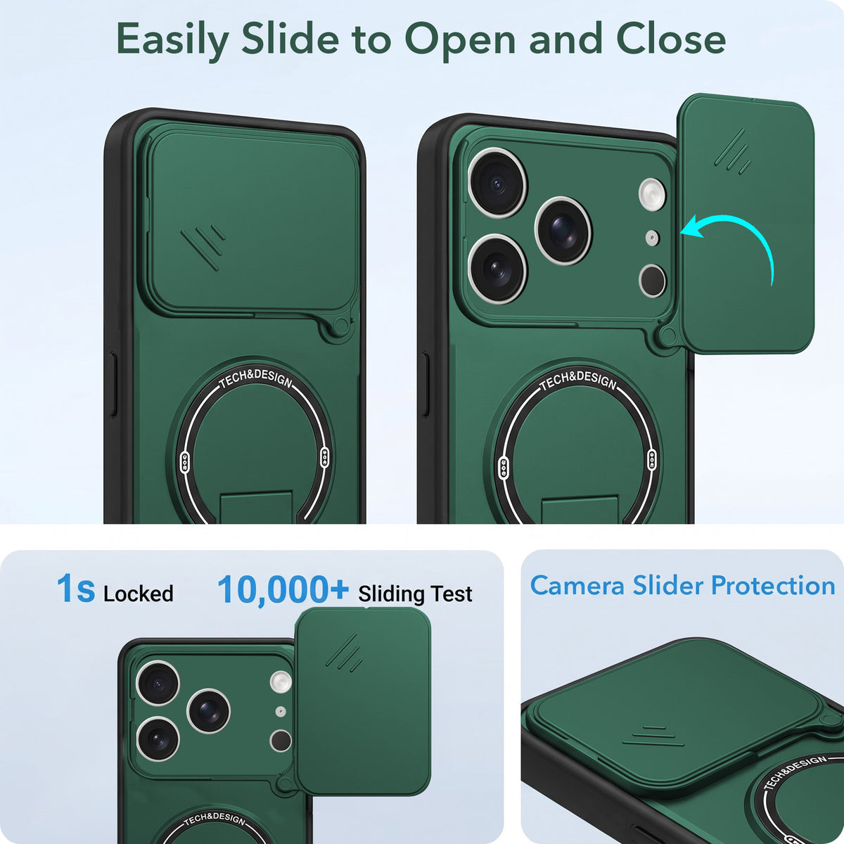 For Apple iPhone 17 Pro Back Case Cover Metallic (Hybrid Armor Kickstand | Sliding Shutter Camera Protection | MagSafe Compatible)