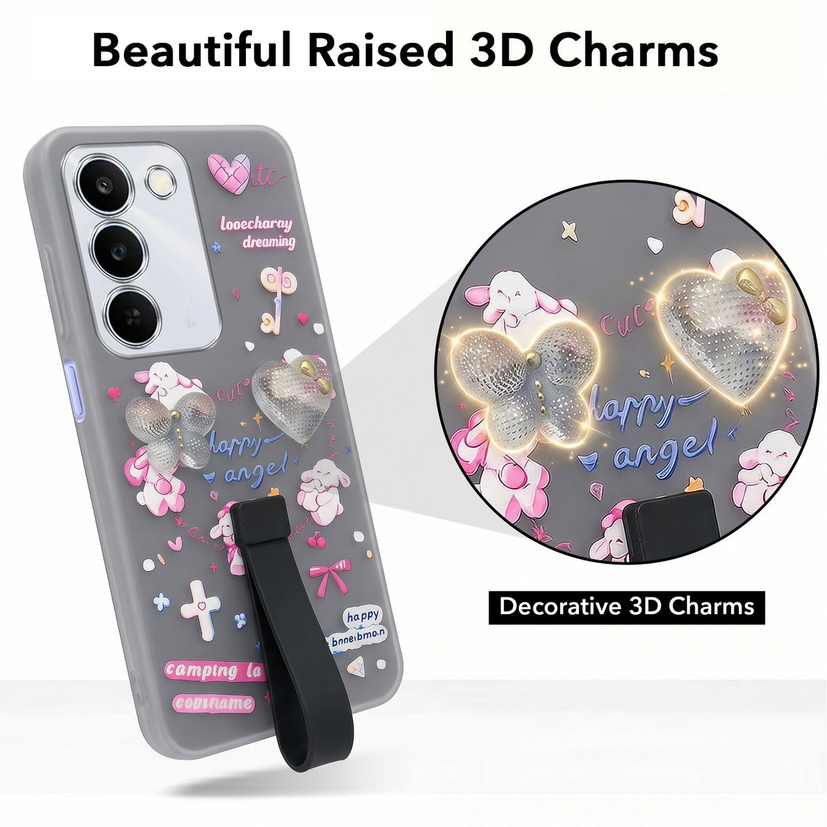 For Realme P4 Lite 5G | Narzo 100 Lite 5G Back Cover Case (3D Cute Heart Strap Holder | Camera Protection | Designer Girls Print)