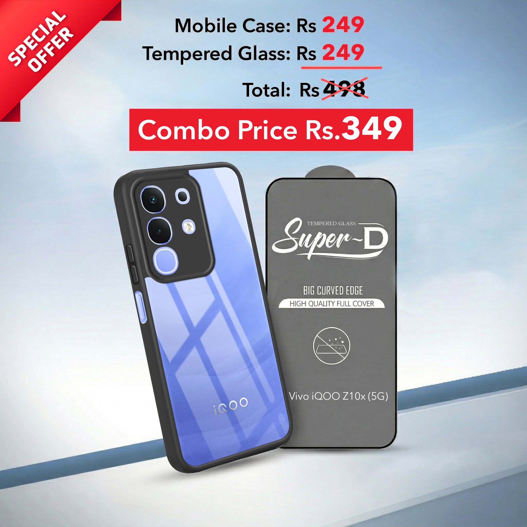 For Vivo iQOO Z10x Combo with Back Cover and 9H Tempered Glass (Lifetime Anti-Yellow | Crystal Clear Shockproof | Oleophobic Coating Screen Glass)