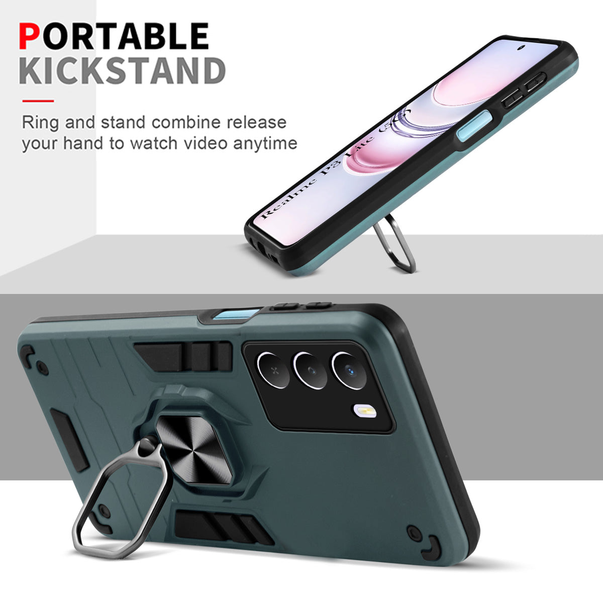 For Realme P3 Lite Hybrid Armor Back Cover Case (Shockproof Dual Layer Polycarbonate |Ring Holder Kickstand)