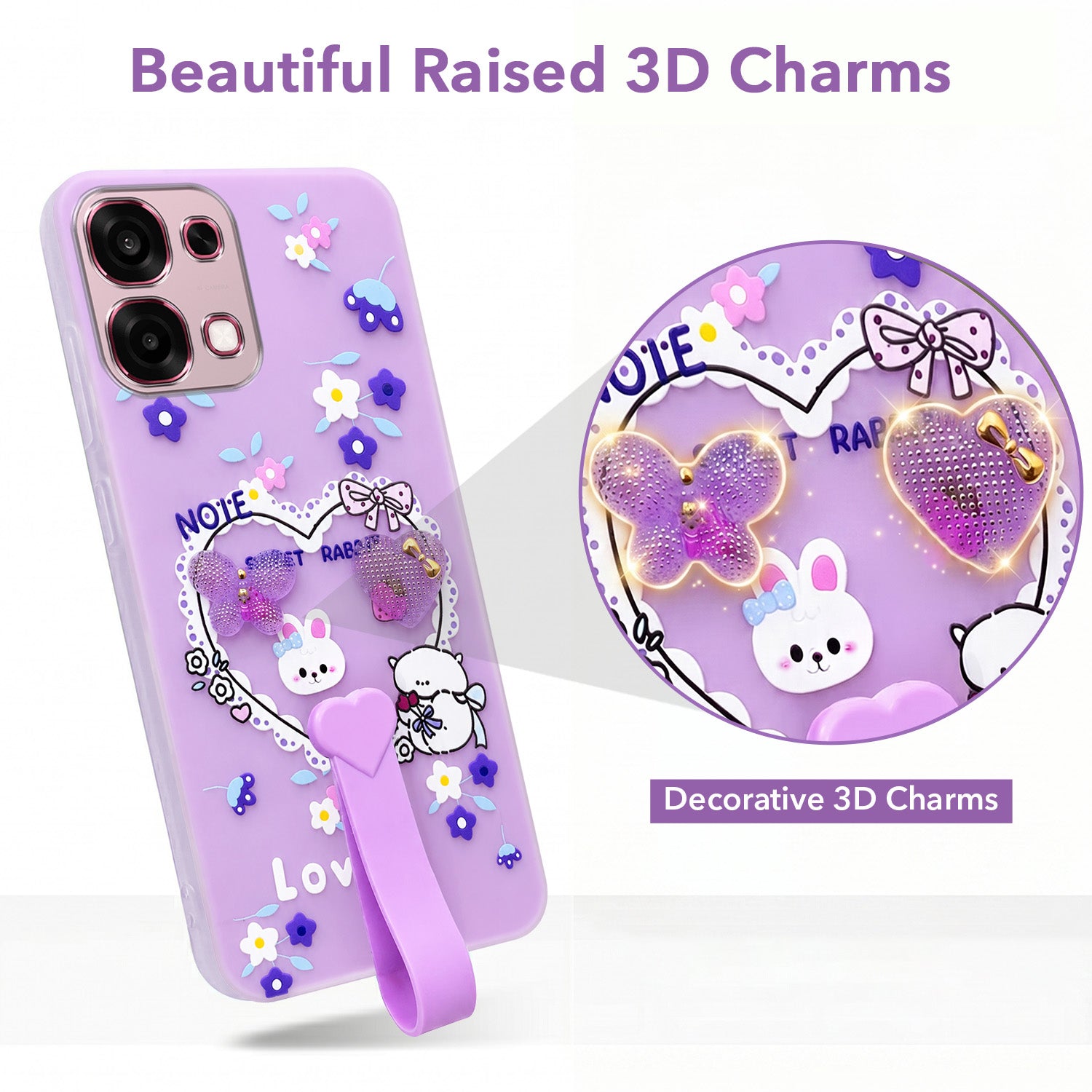 For Oppo F31 5G | Oppo F33 5G Back Cover Case (3D Cute Heart Strap Holder | Camera Protection | Designer Girls Print)