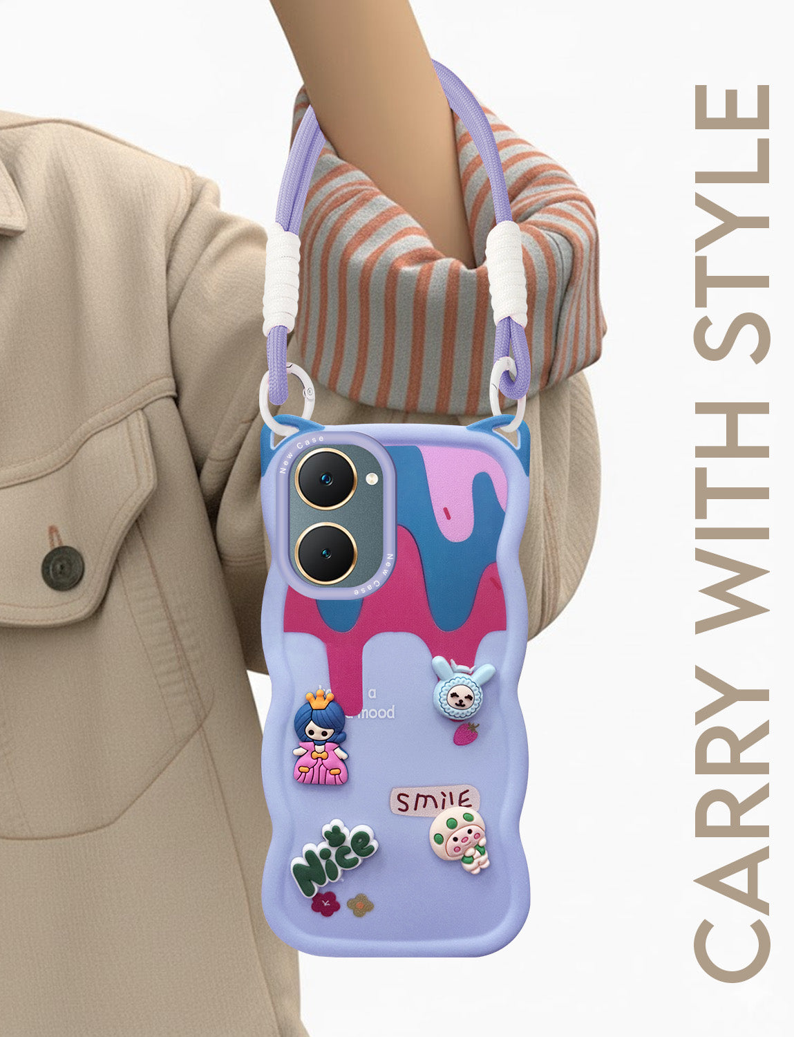 For Vivo Y18 | Y18e | Y03 | Y18i | Y18t Back Case Cover Strap (3D embossed Figures | Strap Holder | 360* Soft Cushion with Camera Bump)