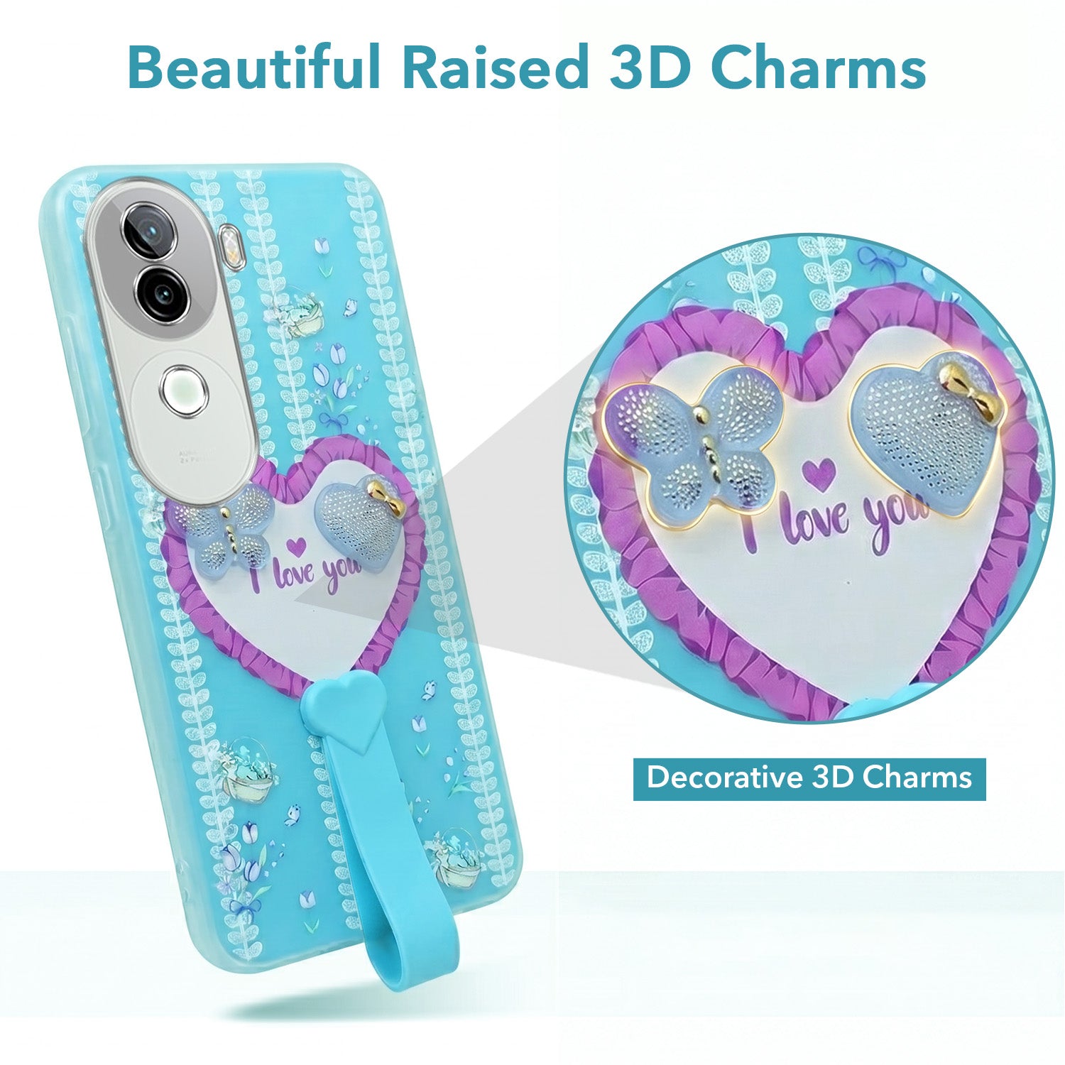 For Vivo iQOO Z9s Back Cover Case (3D Cute Heart Strap Holder | Camera Protection | Designer Girls Print)