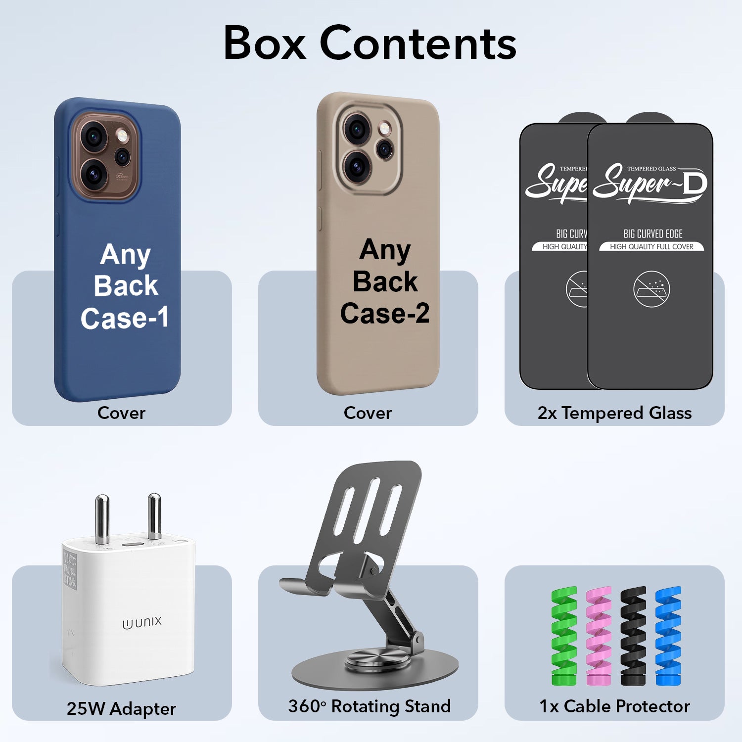 Complete Mobile Care Kit (Get Any 2 Cases+2 Tempered Glass+25W Charger Adapter+Metallic Mobile Stand+Cable Protector)