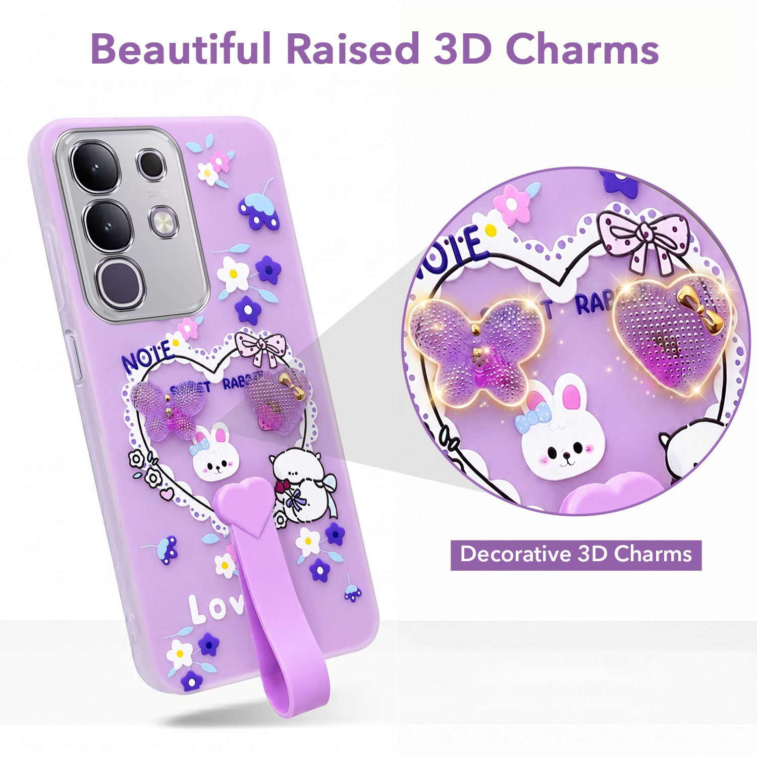 For Vivo T4x | Vivo Y31 Pro Back Cover Case (3D Cute Heart Strap Holder | Camera Protection | Designer Girls Print)