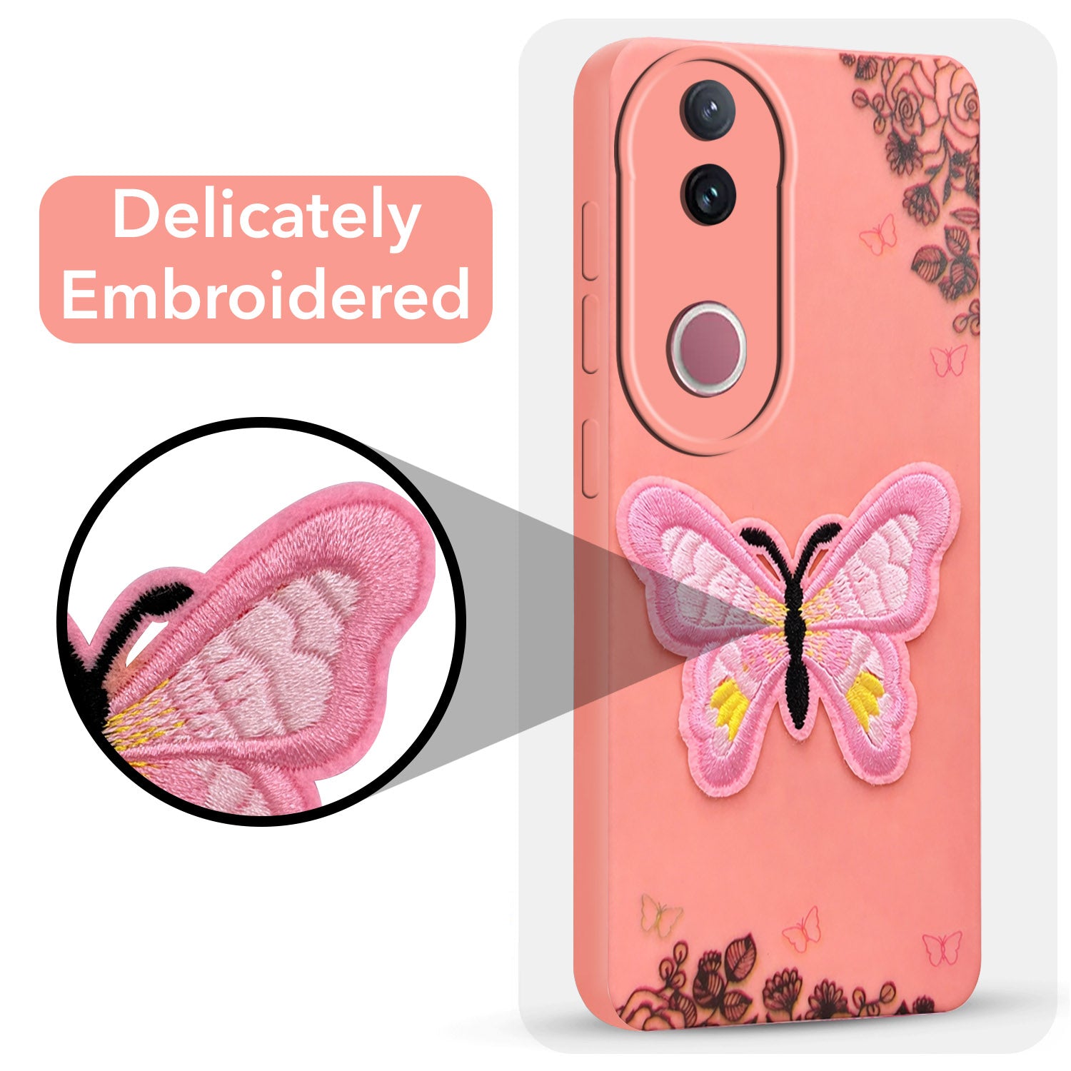 For Vivo V50 | Vivo V50e Back Cover Case (Soft Butterfly Embroidery | Women Teen Girls | Camera Protection| Matte Silicone)