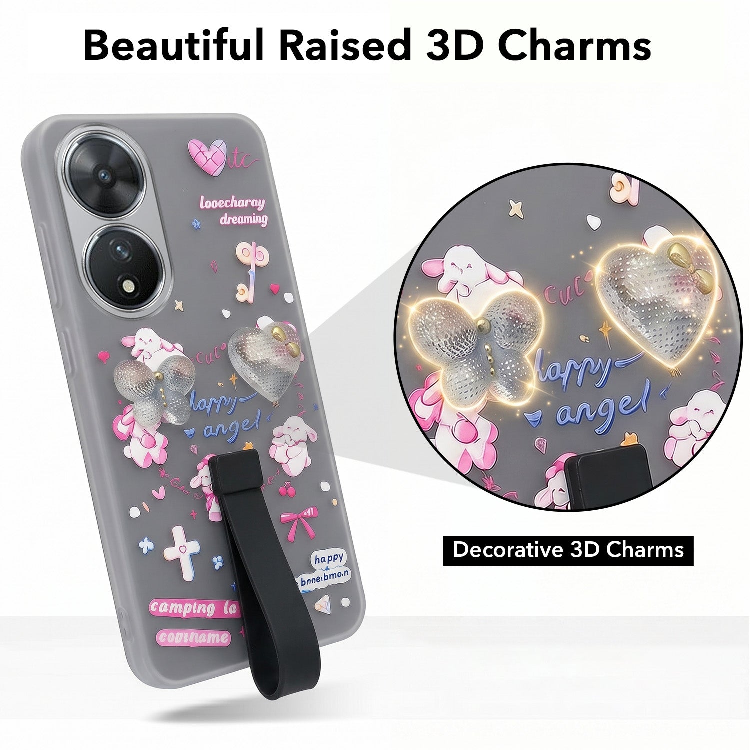 For Vivo T2 Back Cover Case (3D Cute Heart Strap Holder | Camera Protection | Designer Girls Print)