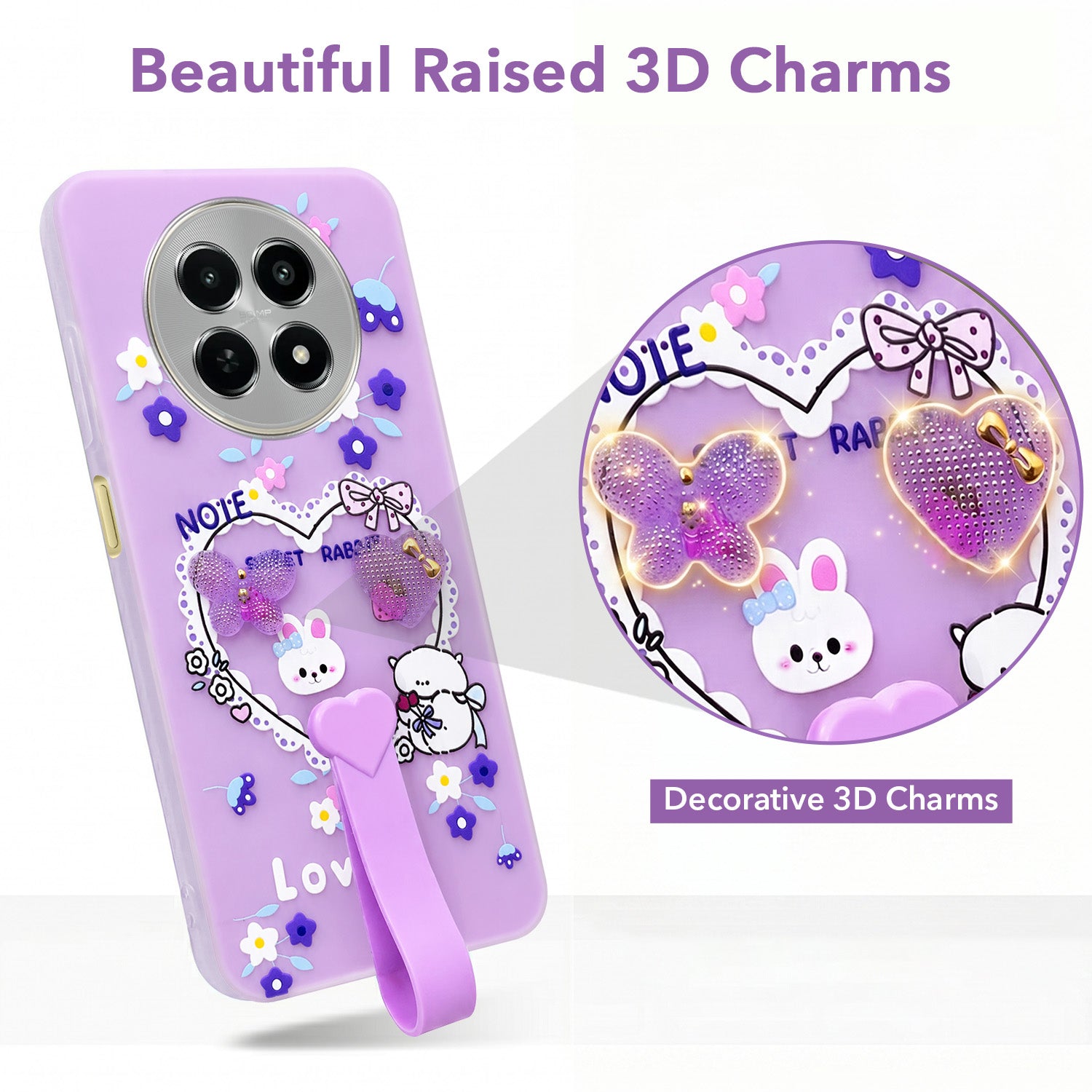 For Realme Narzo N65 5G Back Cover Case (3D Cute Heart Strap Holder | Camera Protection | Designer Girls Print)