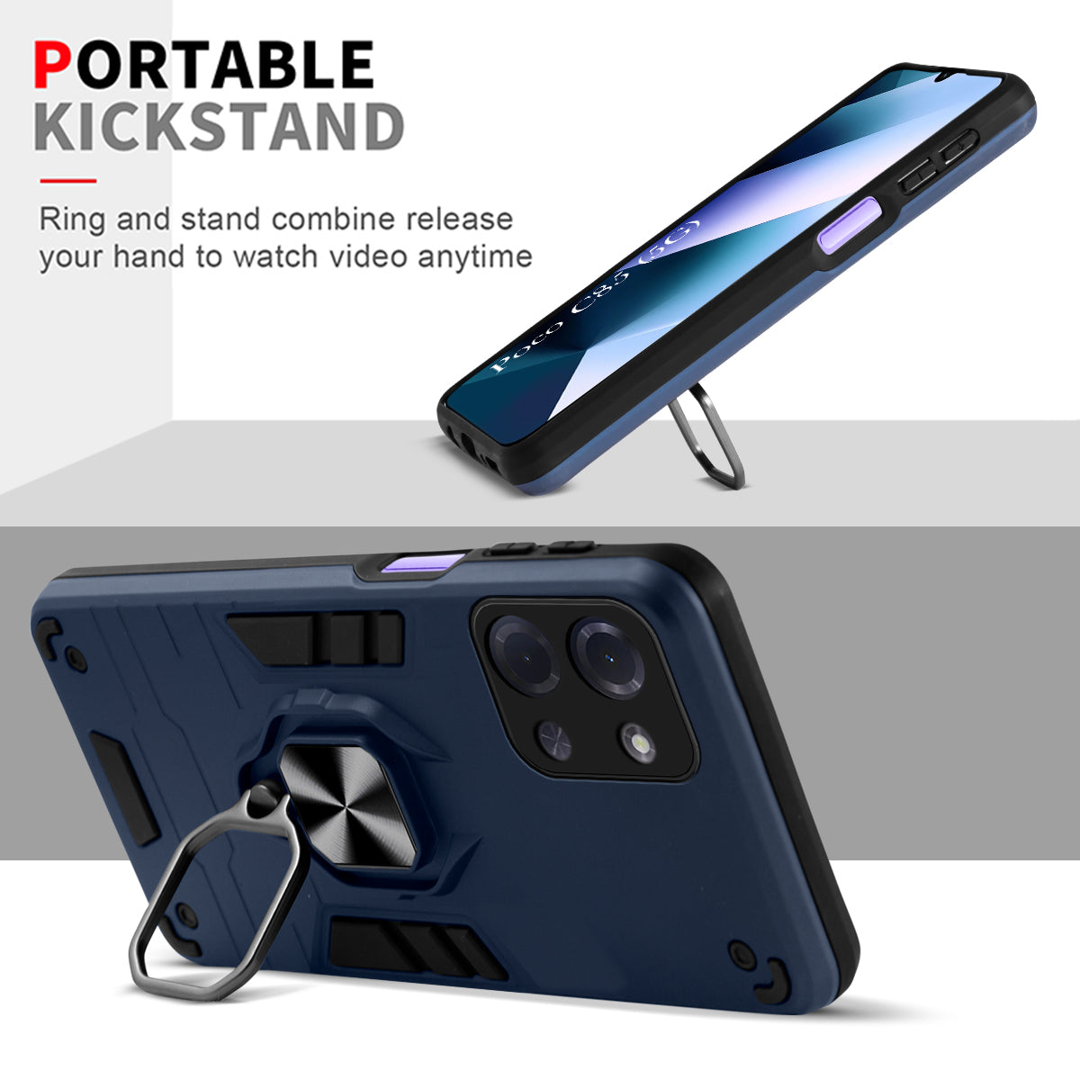 For Poco C85 5G Hybrid Armor Back Cover Case (Shockproof Dual Layer Polycarbonate |Ring Holder Kickstand)